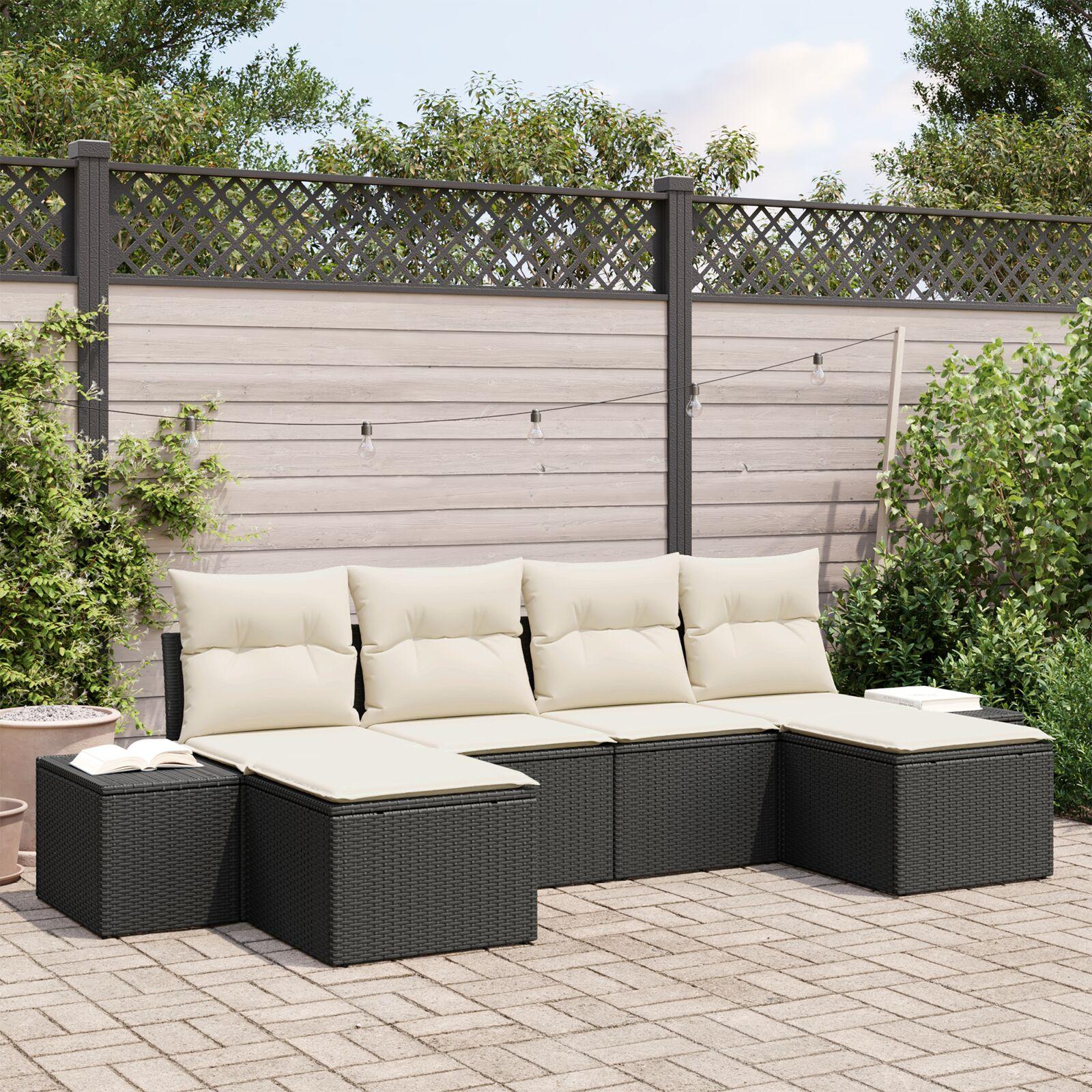 Havesofa sæt i sort polyrattan med puder - 6-personers, modulært