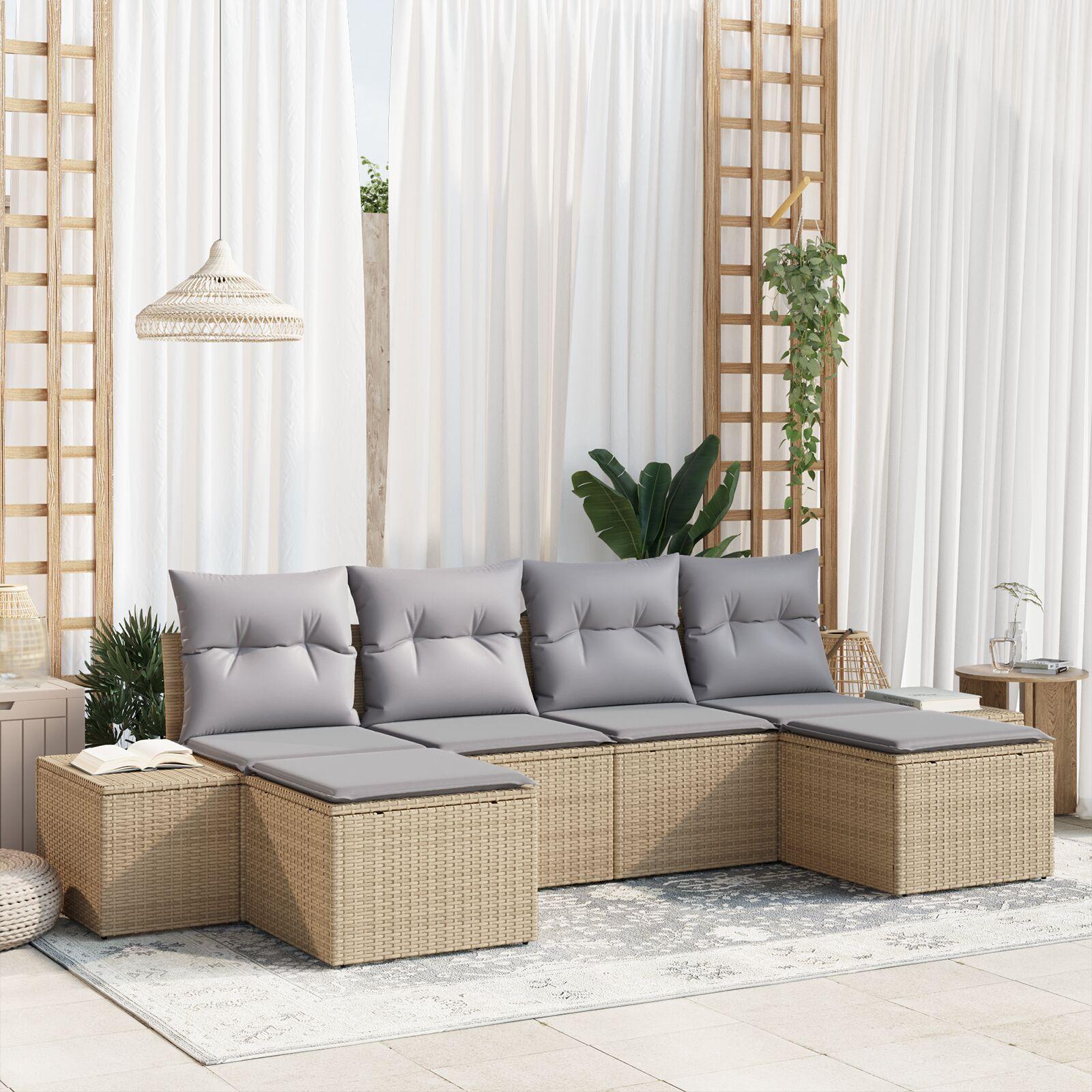 Havesofa Sæt med pude 6 stk Beige Poly rattan