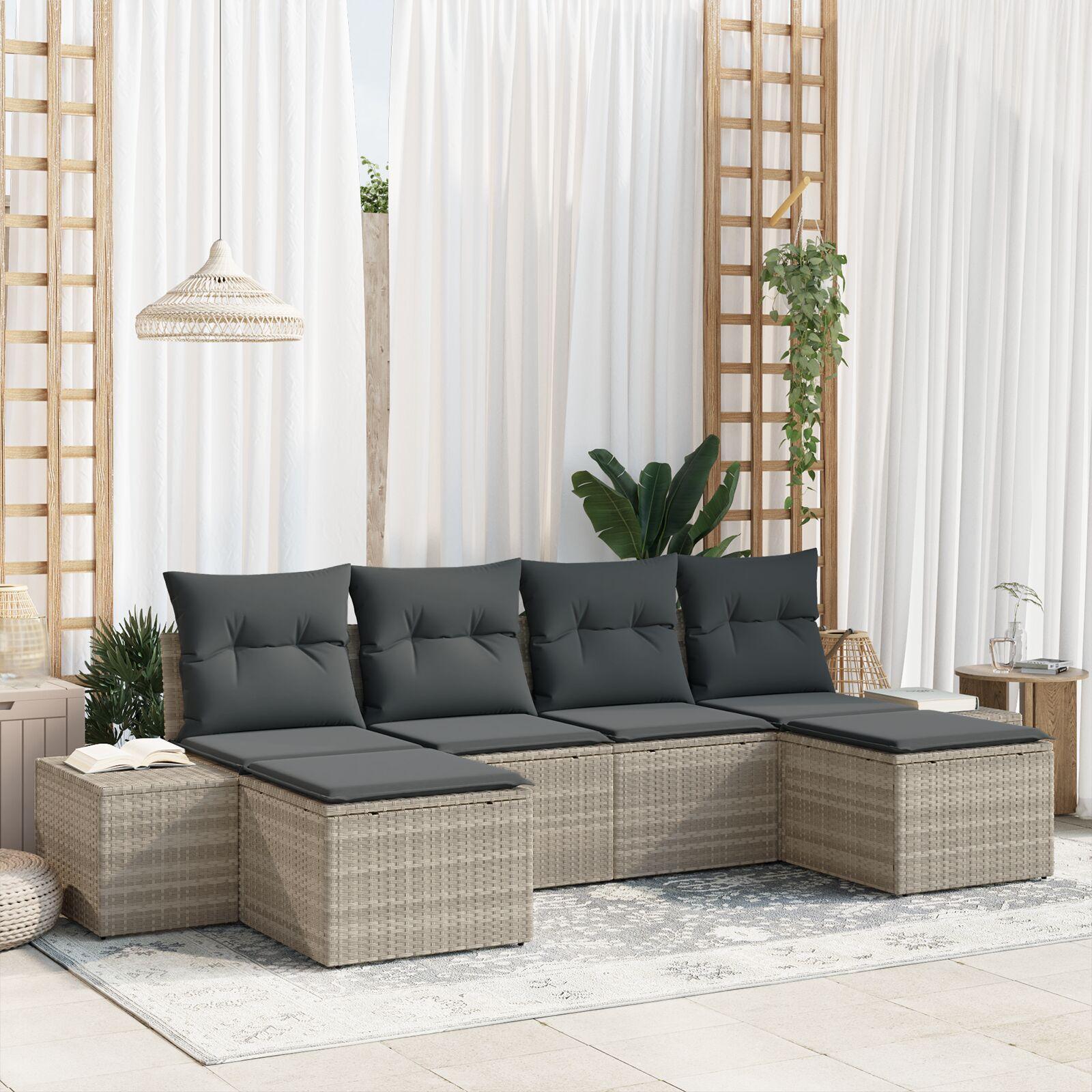 Havesofa sæt med puder - 6 personer, lysegrå polyrattan, modulært