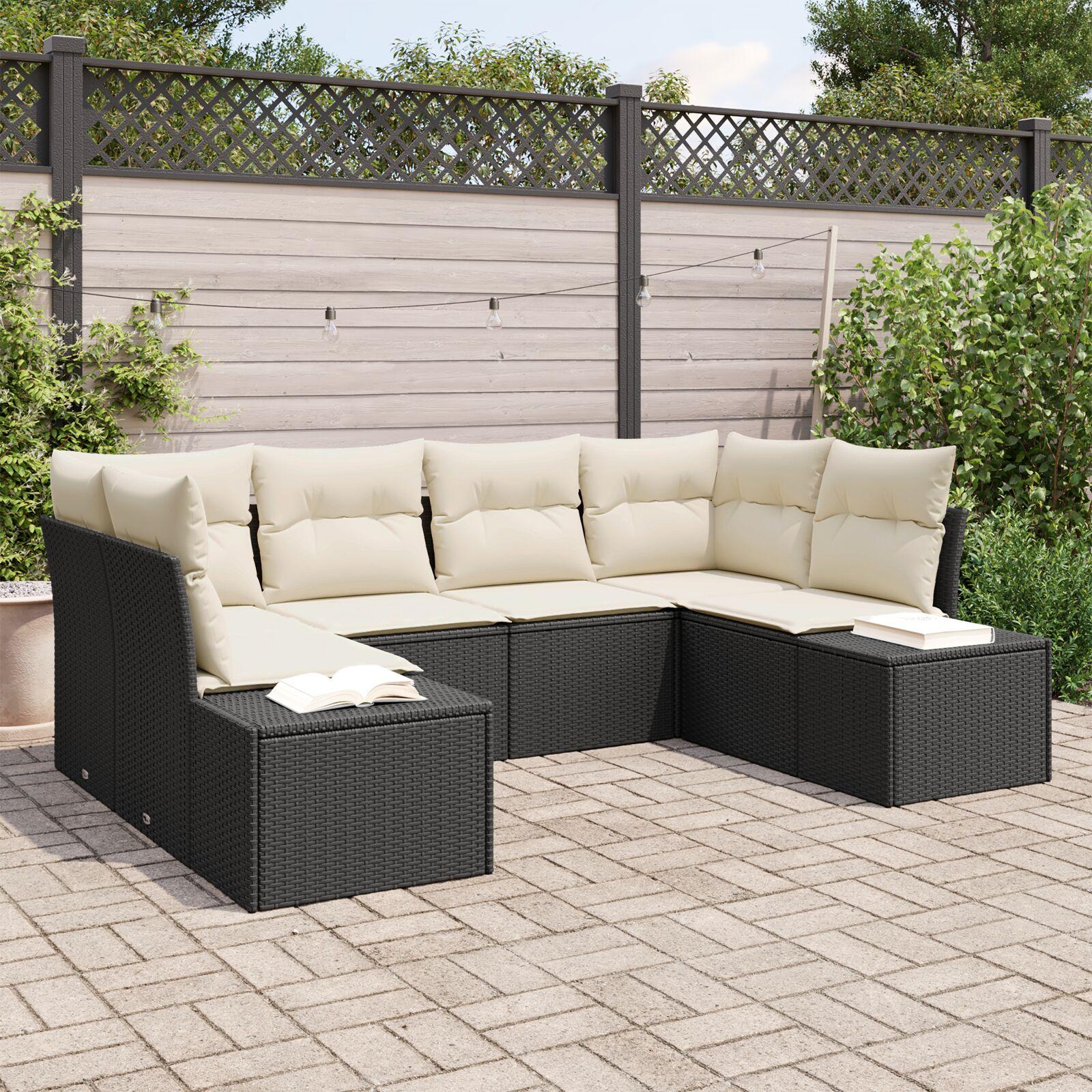 Havesofa-sæt i sort polyrattan - modulopbygget loungesæt med puder, 6 pladser