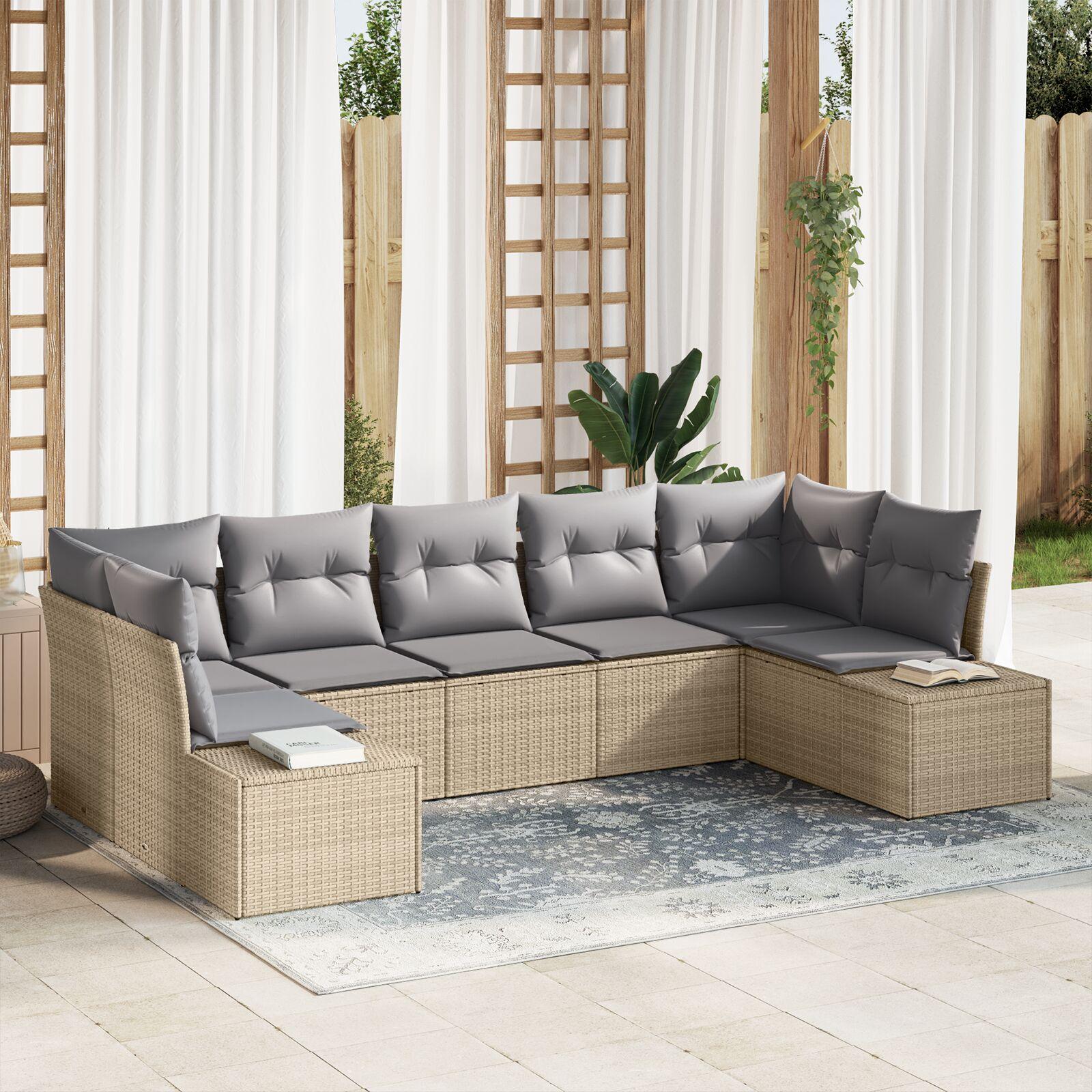 Havesofa Sæt Med Pude 7 Dele Polyrattan - beige og grå