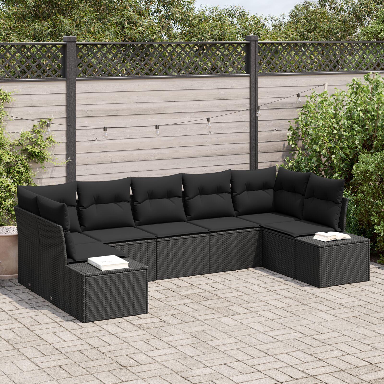 Havesofa sæt i sort polyrattan - modulopbygget loungesæt til 7 personer
