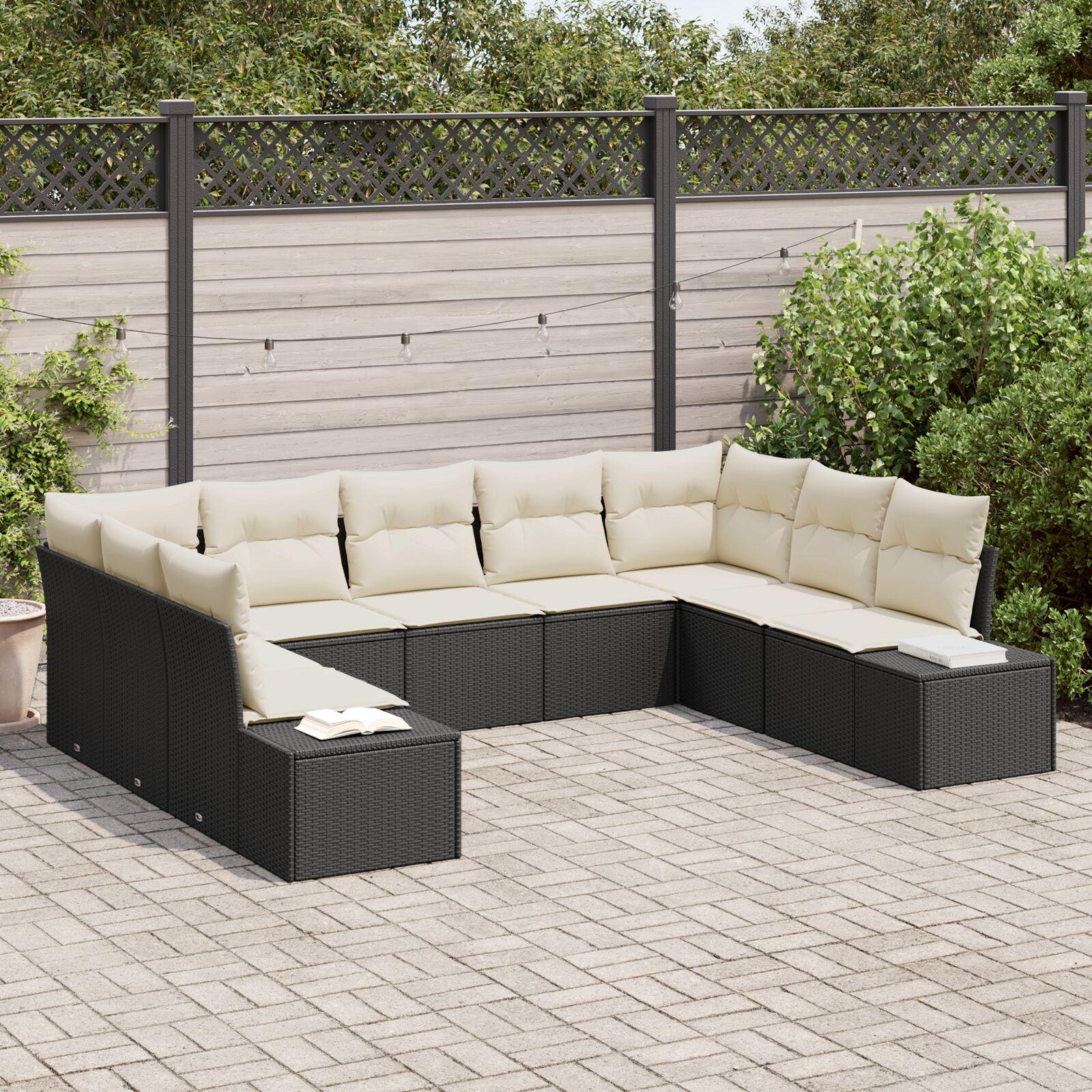 Havesofa Sæt med pude 9 stk Sort Poly rattan