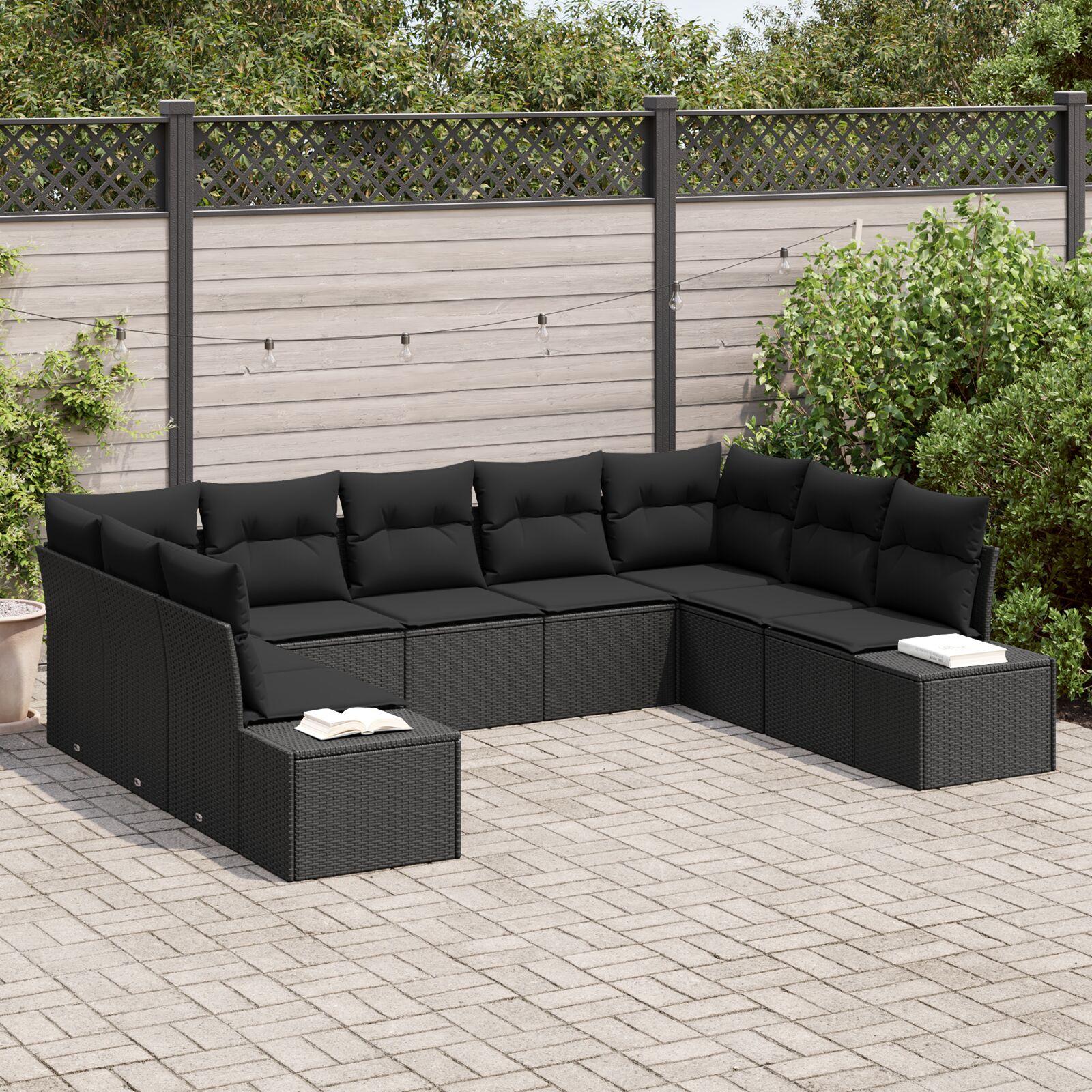 Havesofa Sæt med pude 9 stk Sort Poly rattan