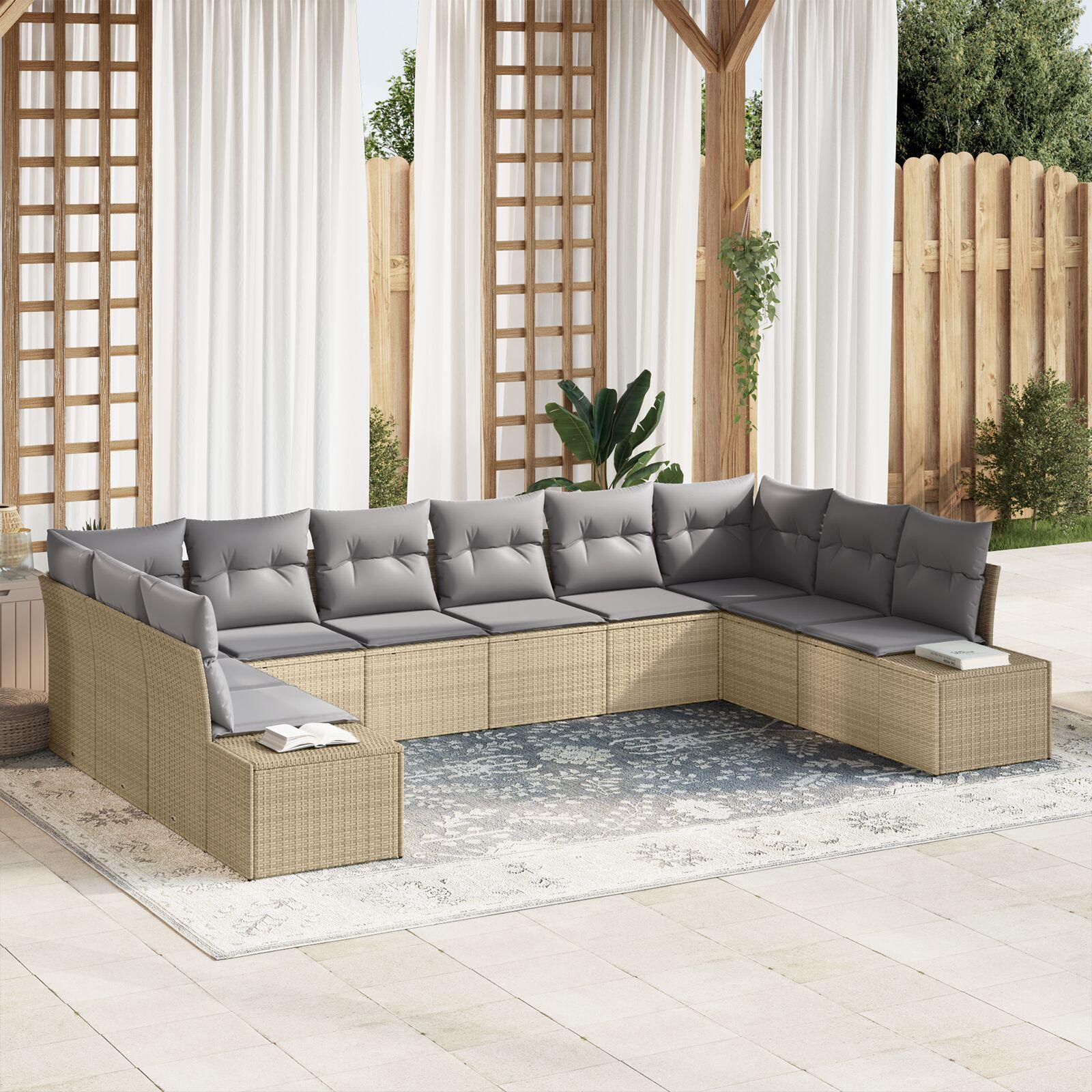 Havesofa Sæt med pude 10 stk Beige Poly rattan