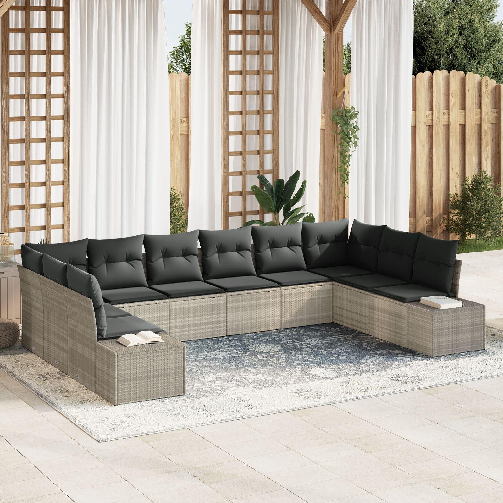 Havesofa sæt med puder, 10 dele - lysegrå polyrattan, modulært loungesæt