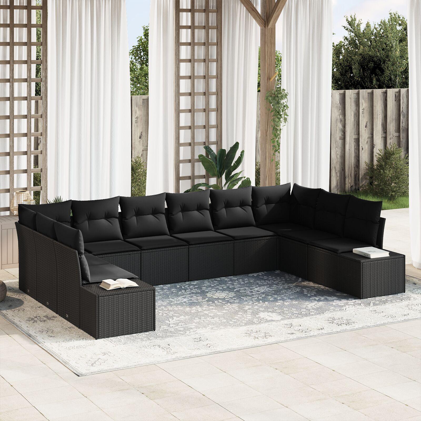 Havesofa Sæt med pude 10 stk Sort Poly rattan