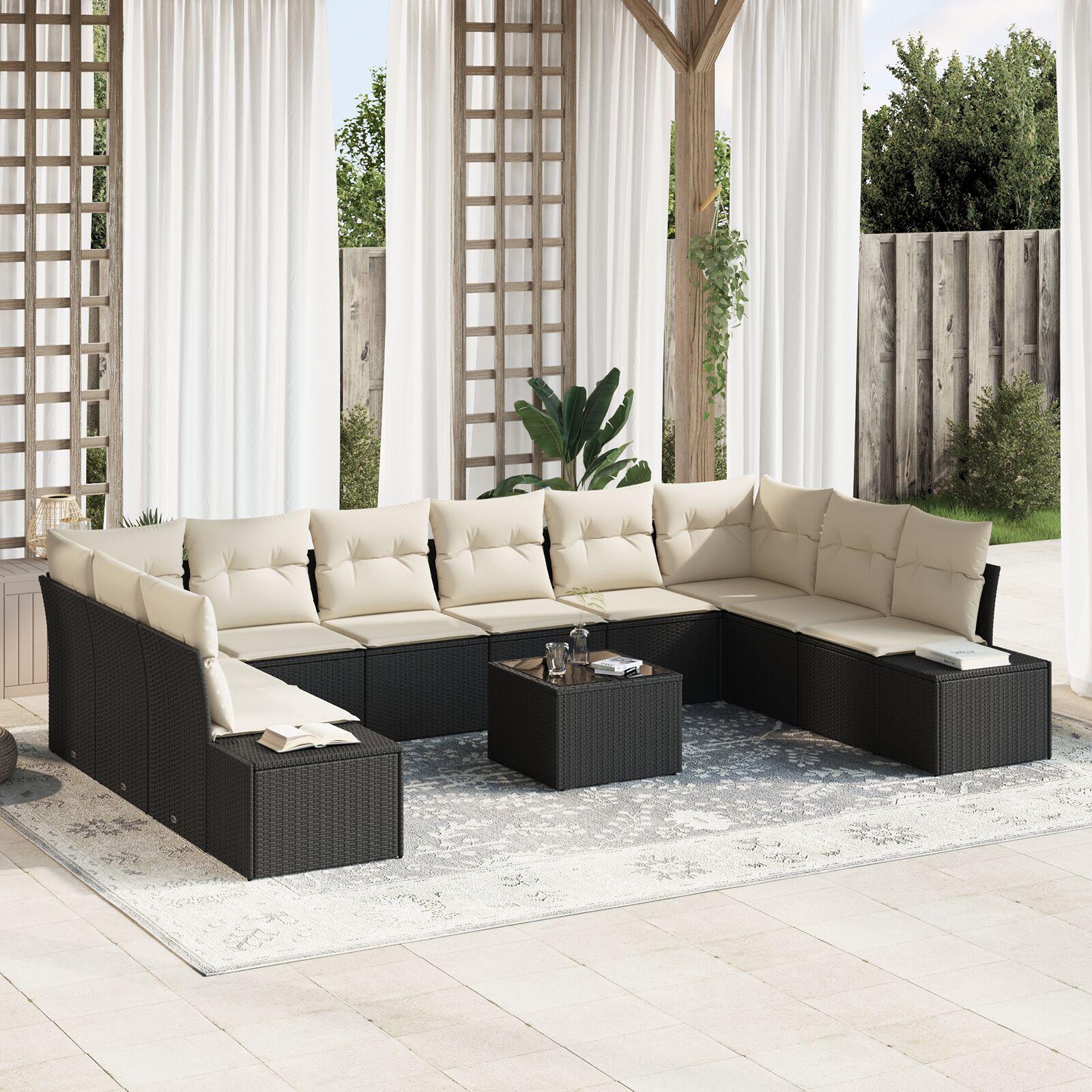 Havesofa Sæt med pude 11 stk Sort Poly rattan
