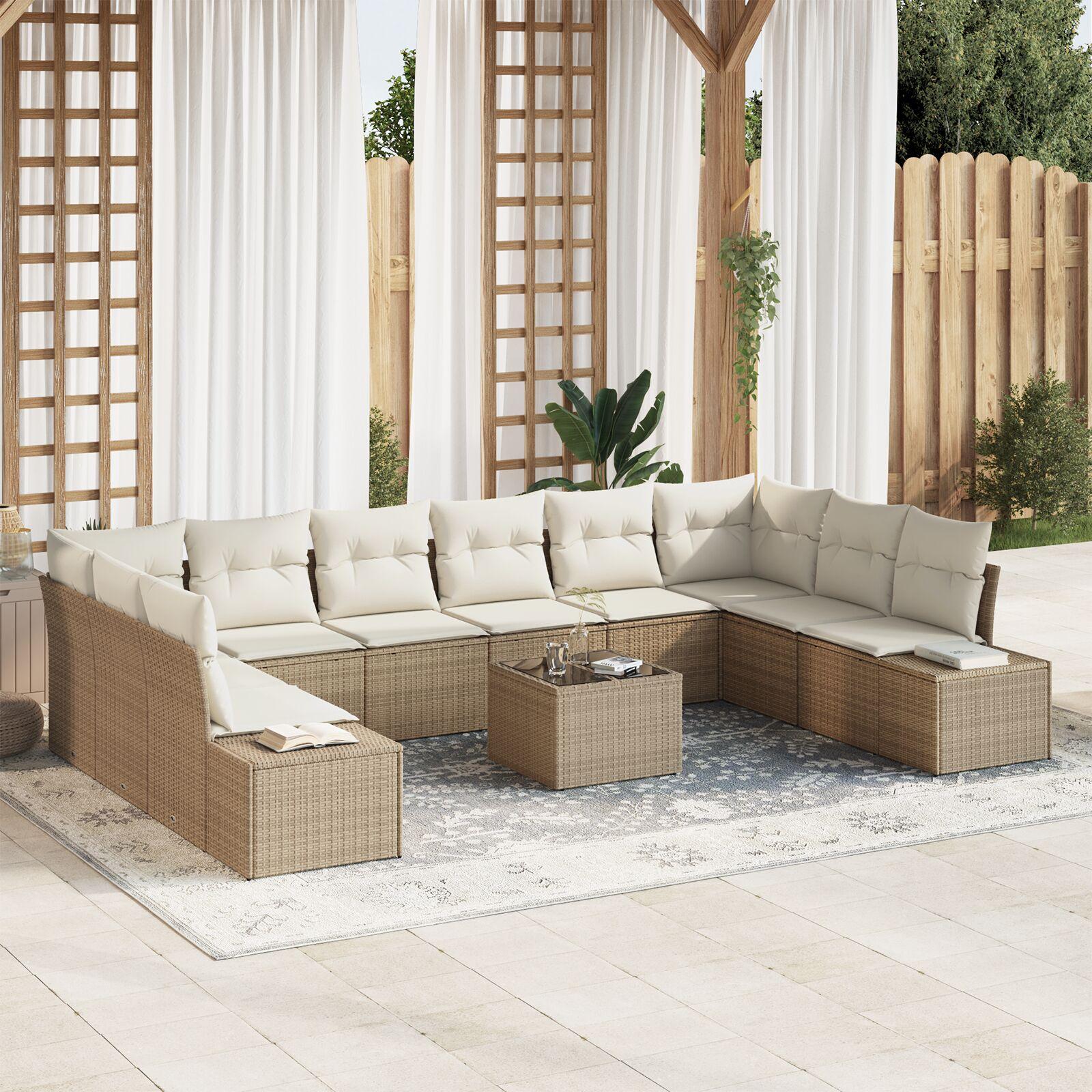 Havesofa Sæt med pude 11 stk Beige Poly rattan