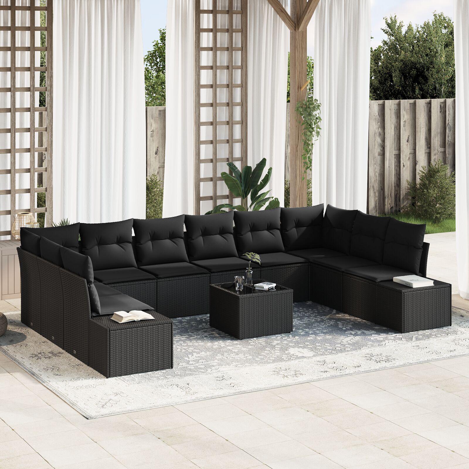 Havesofa Sæt med pude 11 stk Sort Poly rattan