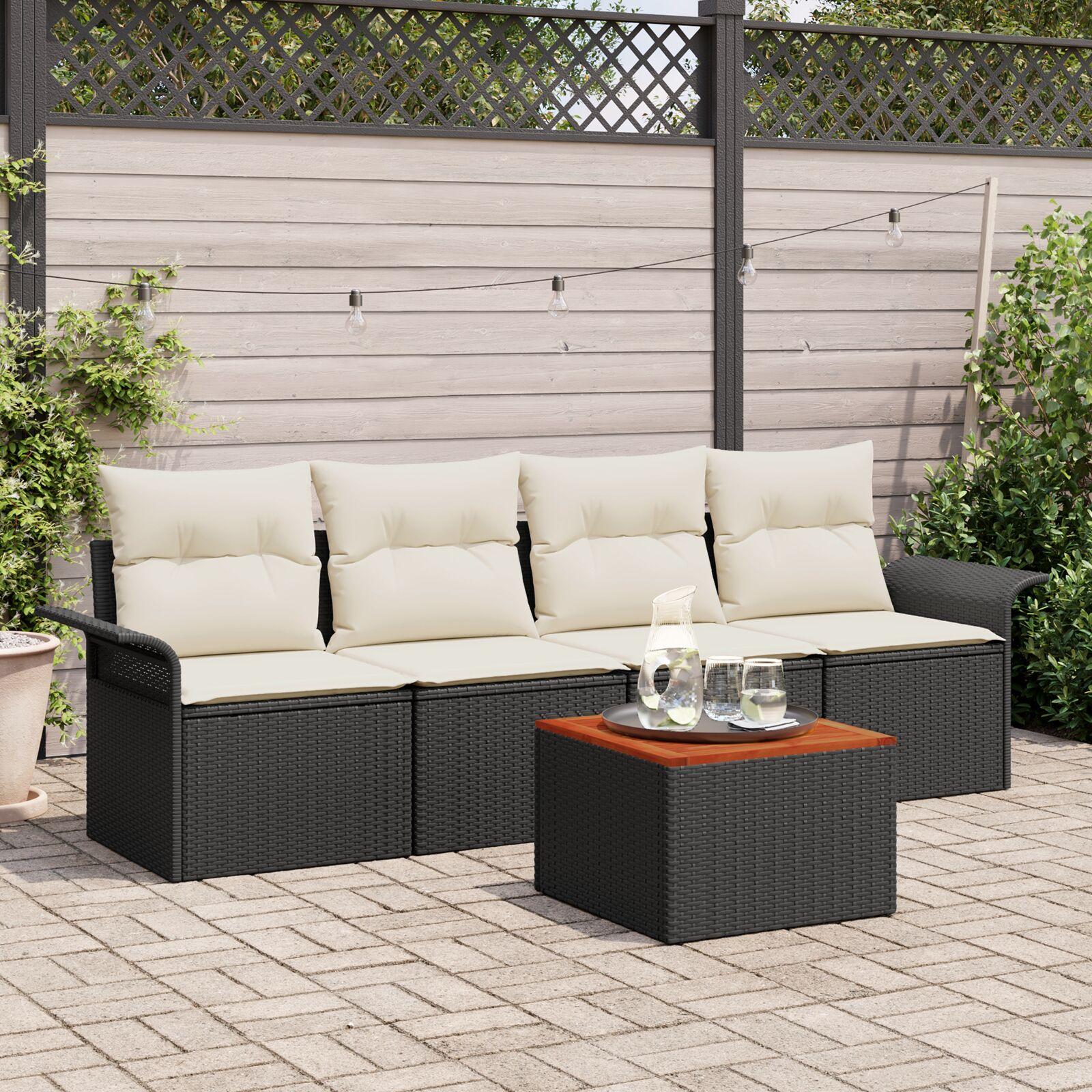 Havesofa sæt i sort polyrattan - modulært loungesæt med puder, 5 dele