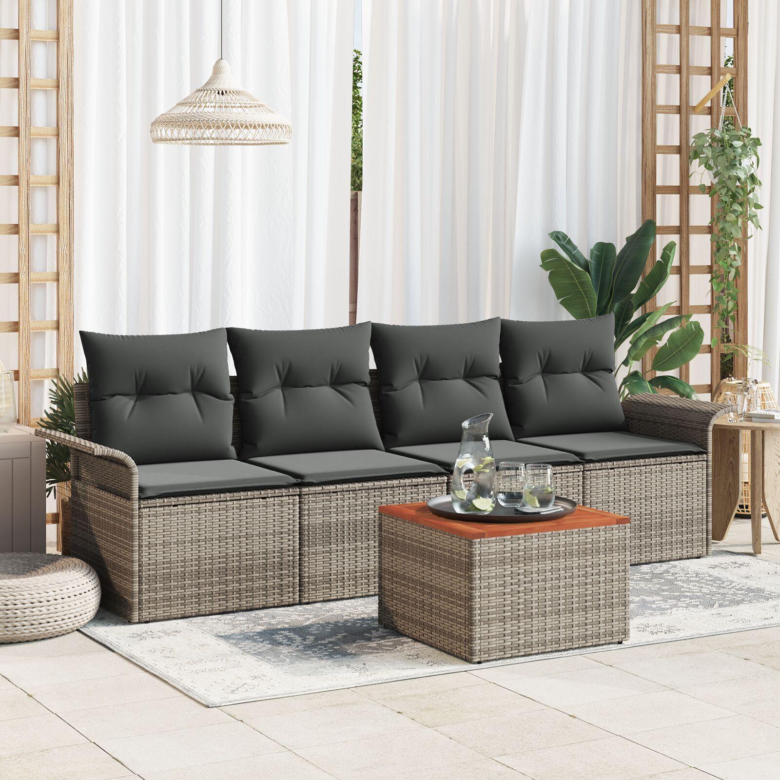Havesofa sæt med puder - 5 dele i grå polyrattan og akacietræ