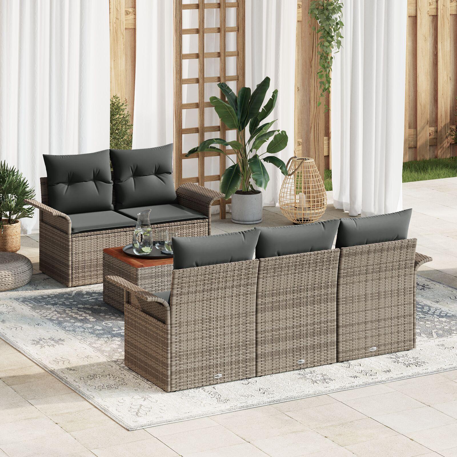 Havesofa sæt i grå polyrattan - modulært loungesæt med puder, 6 dele