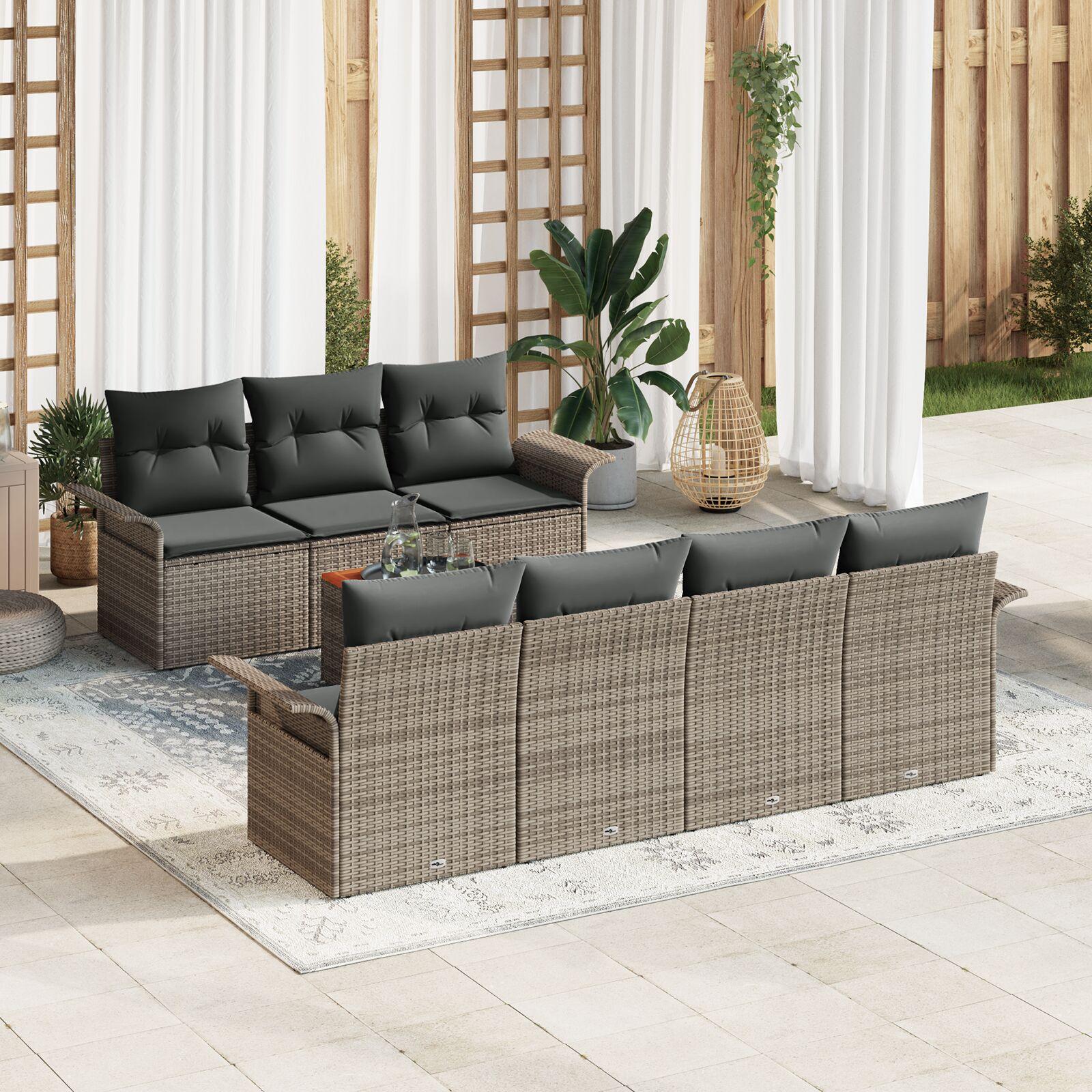 Havesofa sæt i grå polyrattan - modulært loungesæt med puder, 8 dele