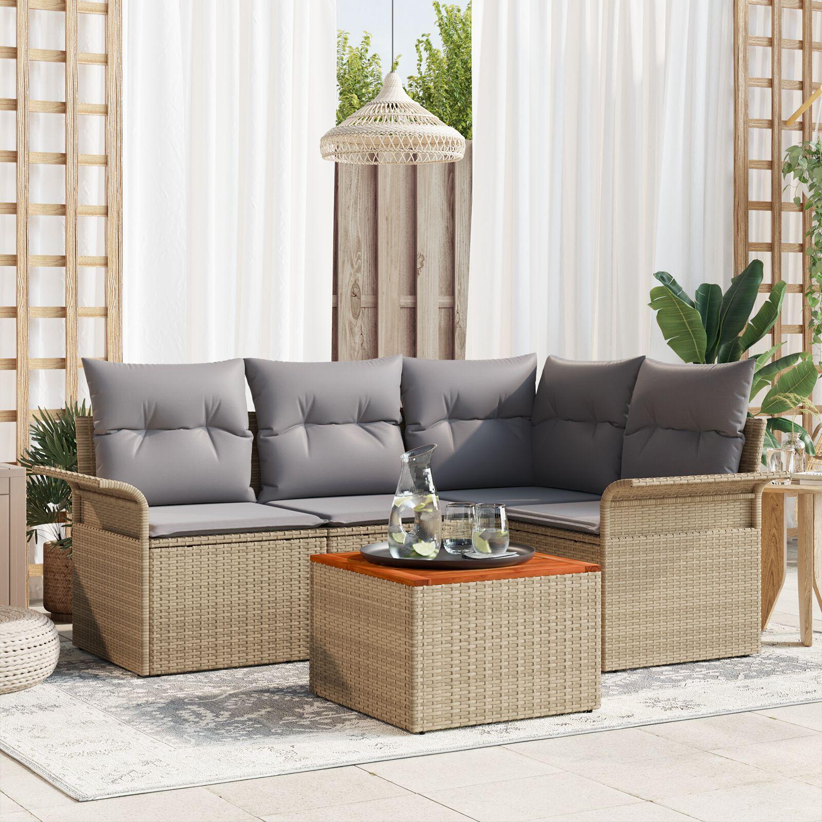 Havesofa sæt med puder 5 stk i beige polyrattan