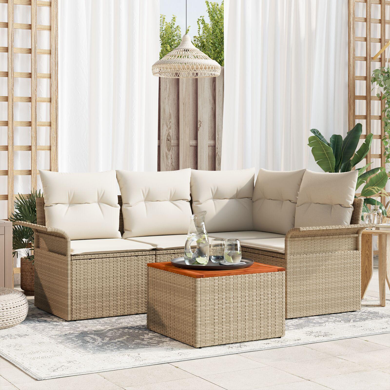 Modulært havesofa sæt med puder og bord 5 stk beige polyrattan