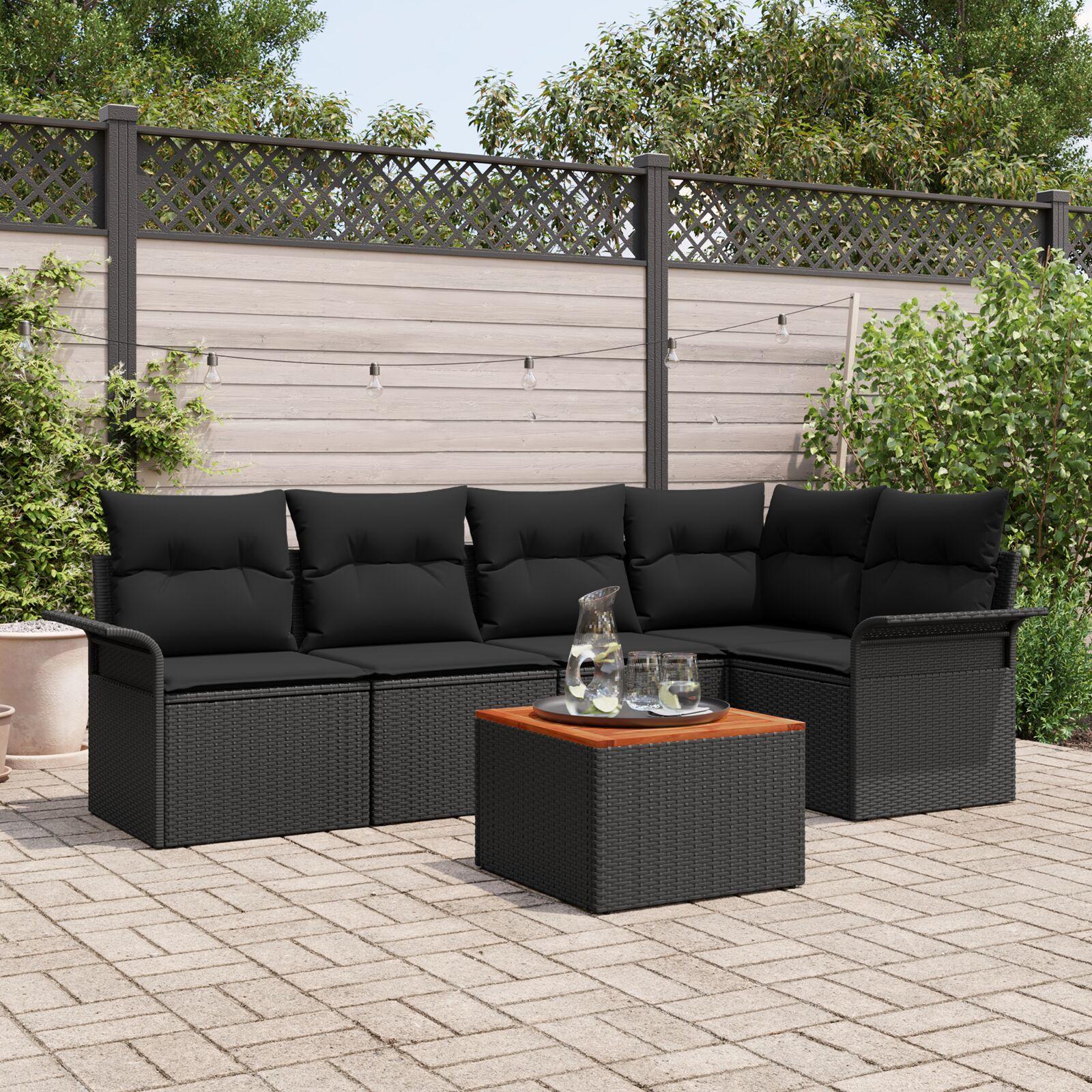 Havesofa sæt med puder 6 dele i sort polyrattan