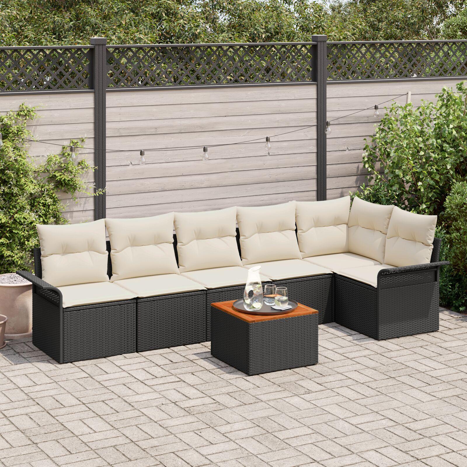 Modulært havesofa-sæt med puder, 7 dele - sort polyrattan