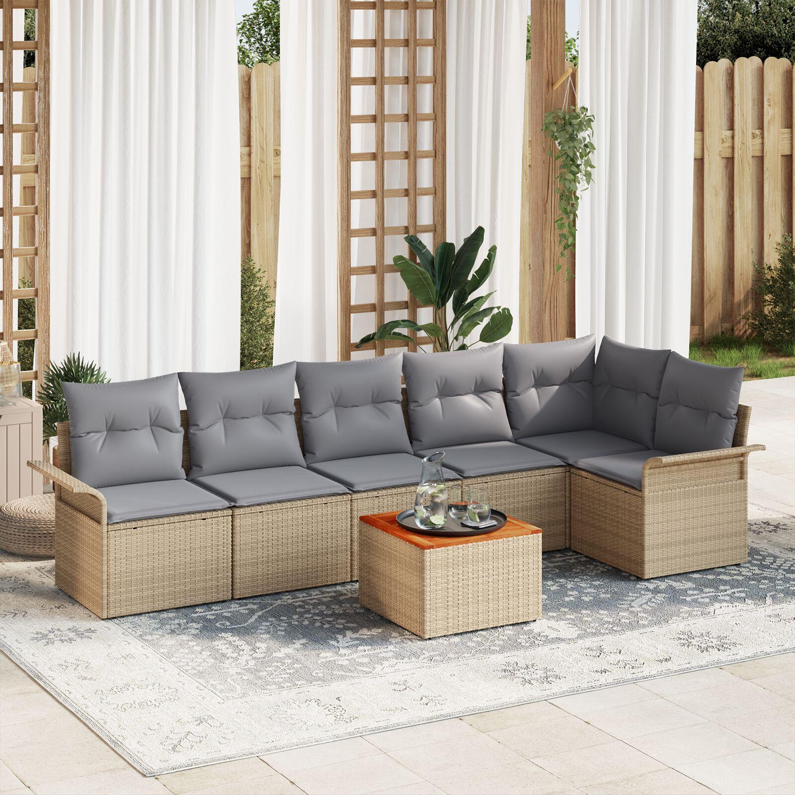 Havesofa sæt med puder - 7 dele i beige polyrattan
