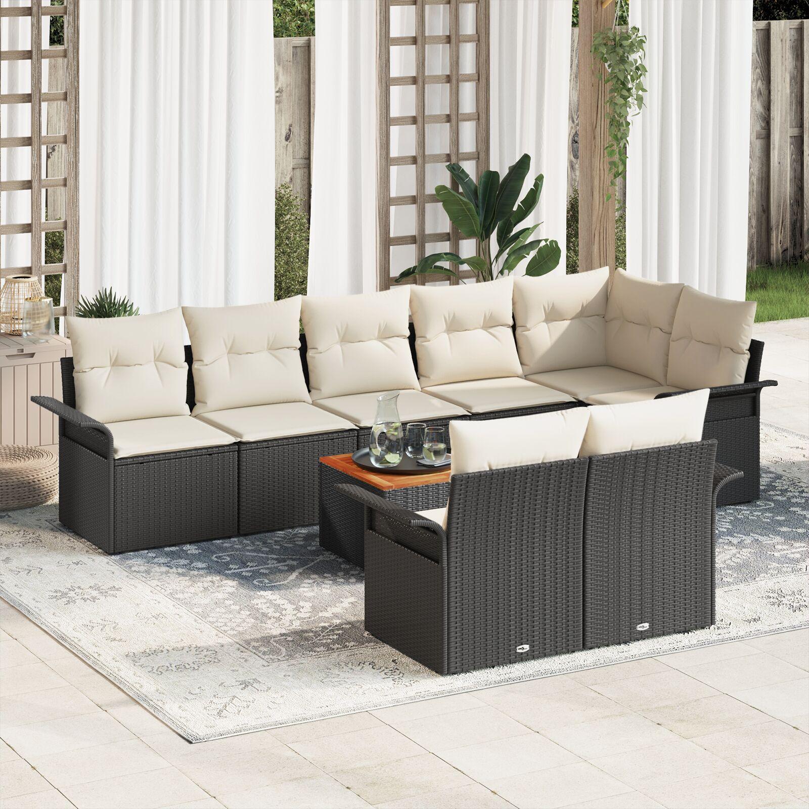 Modulært havesofa sæt med puder - 9 dele, sort polyrattan