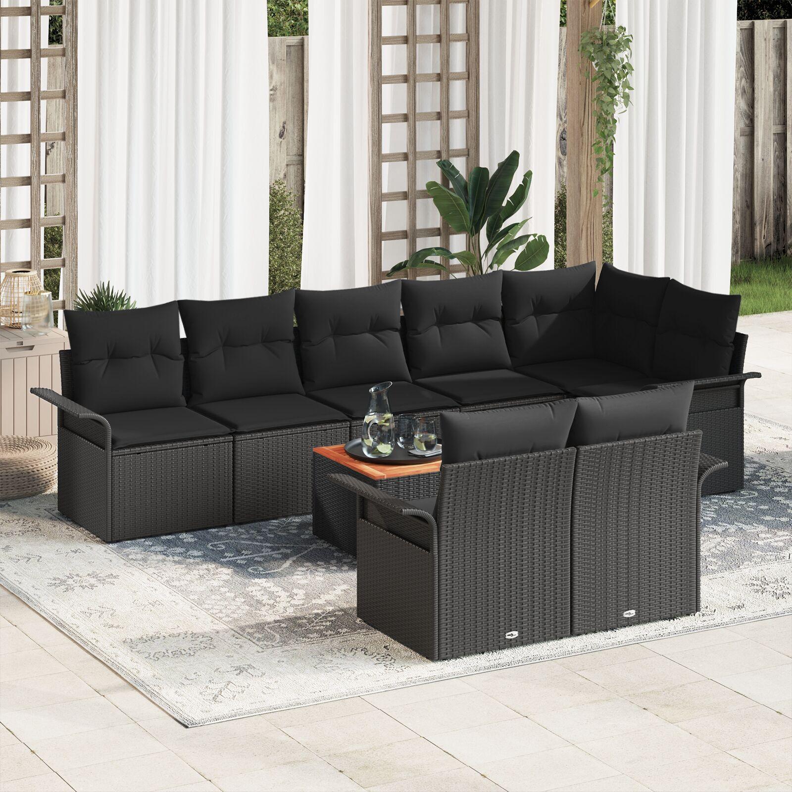 Modulært havesofa-sæt med puder - 9 dele, sort polyrattan