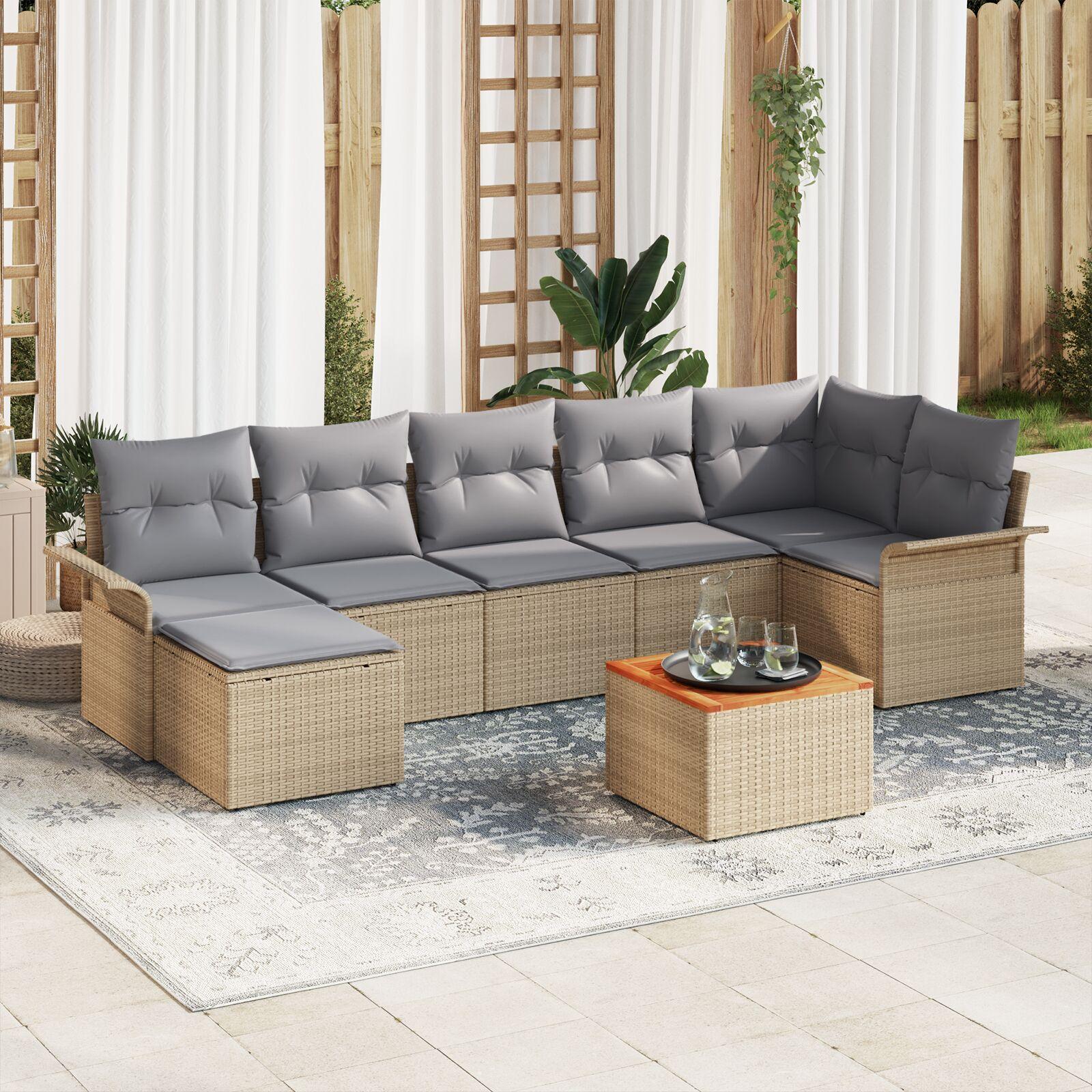 Modulært havesofa-sæt med puder, 8 dele - beige polyrattan og akacietræ