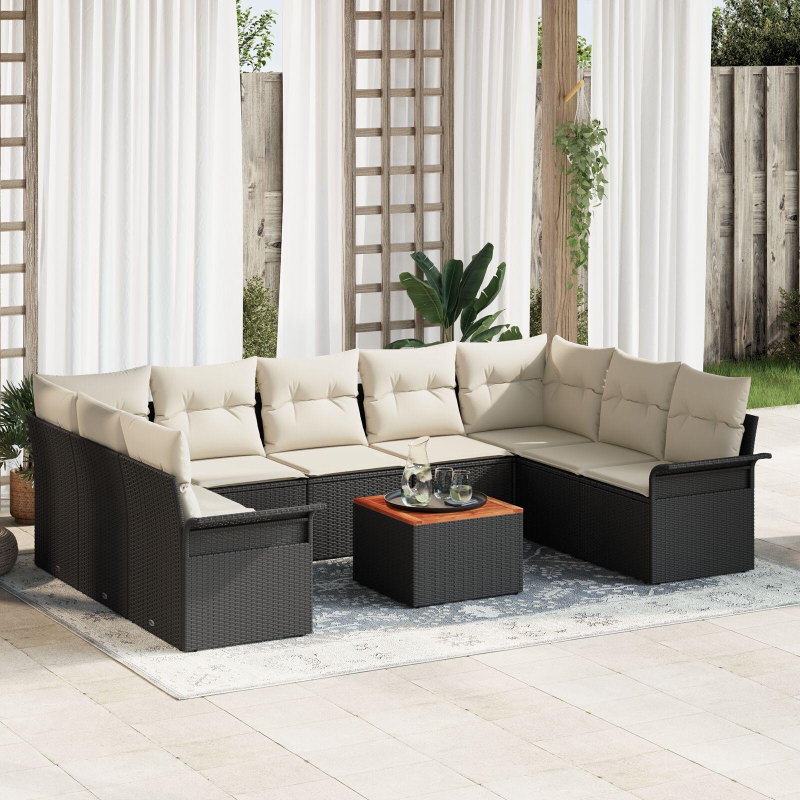 Havesofa sæt i sort polyrattan - 10 dele med puder og bord