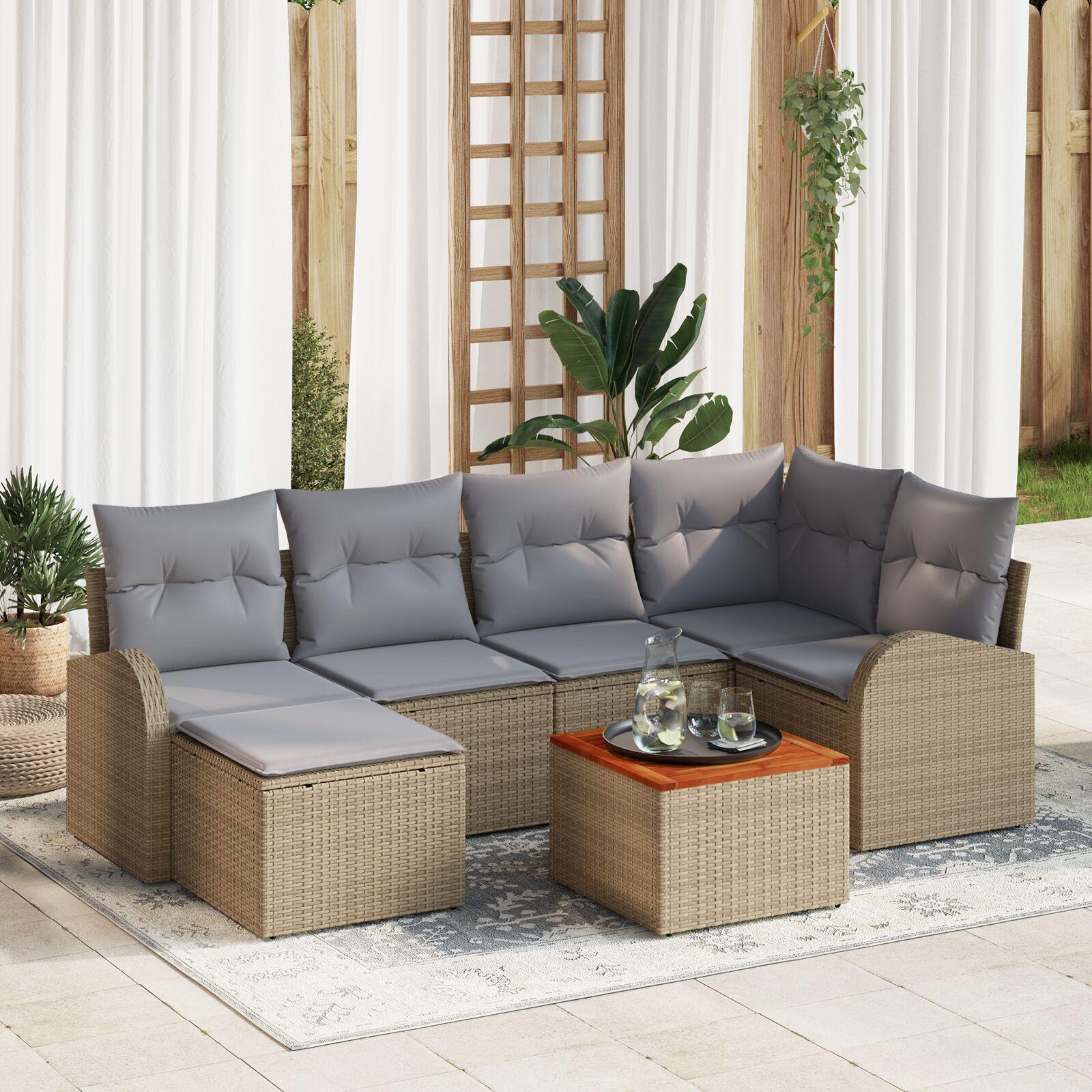 Havesofa sæt med puder 7 stk i beige polyrattan