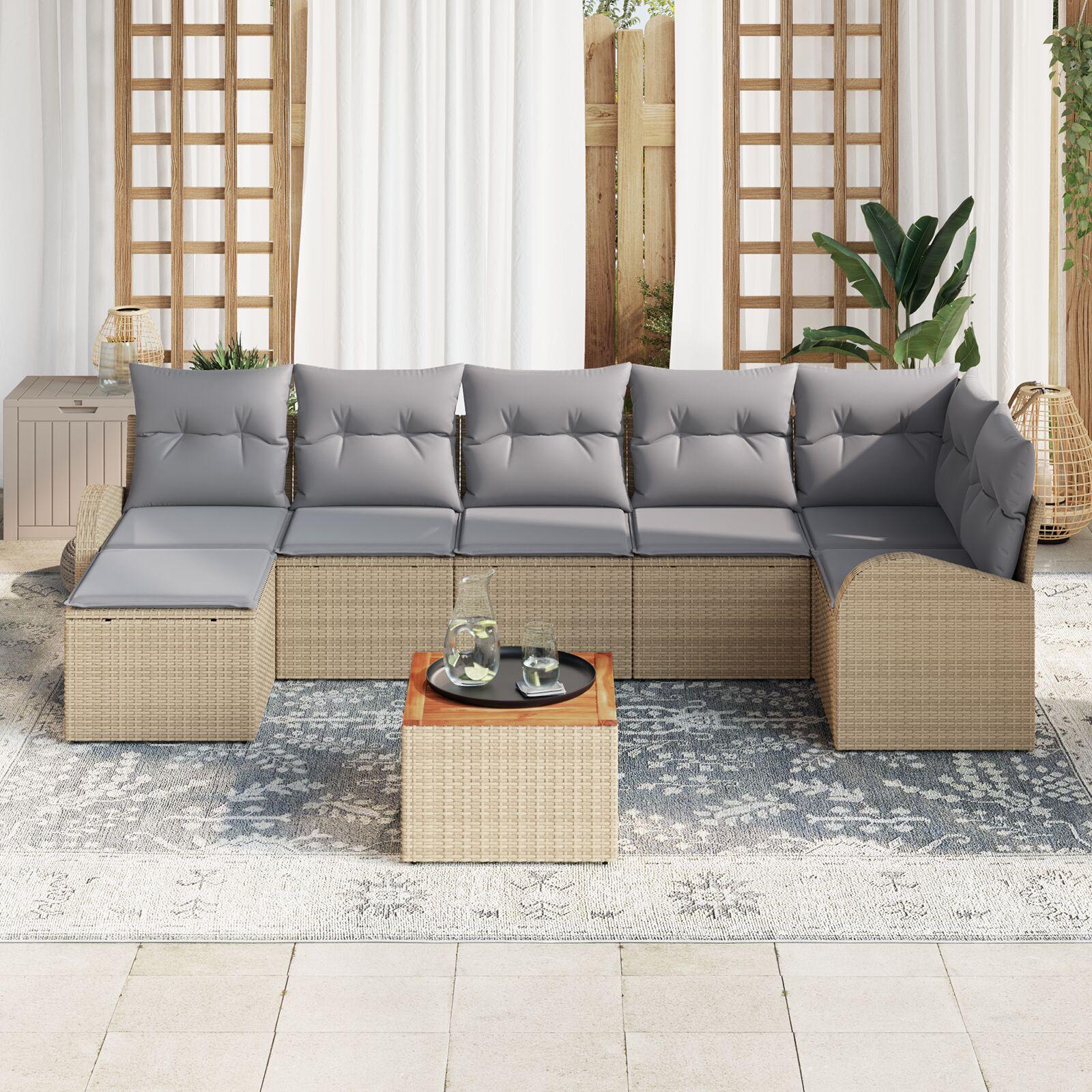 Havesofa Sæt Med Pude 8 Dele Polyrattan - beige og grå