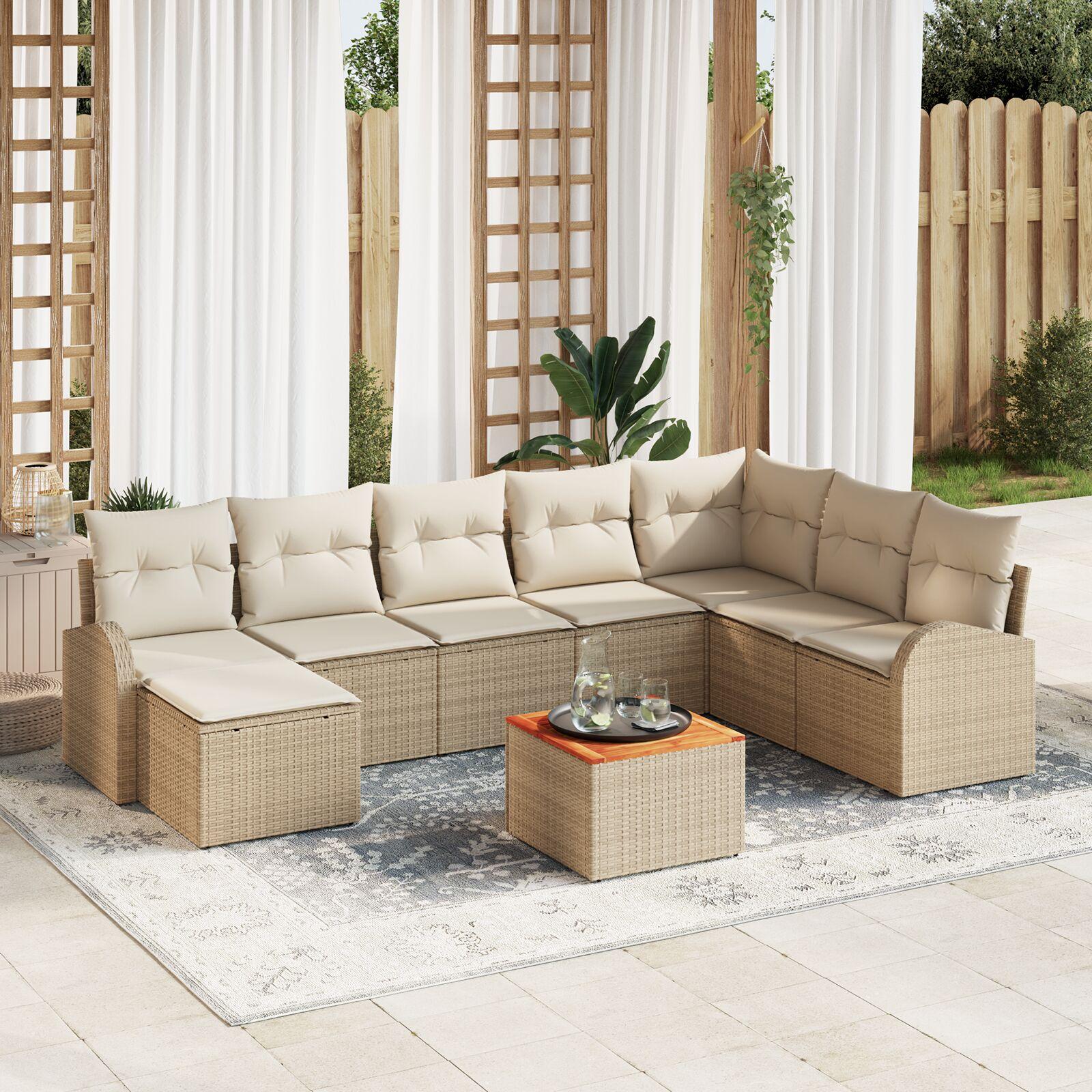 Havesofa Sæt med pude 9 stk Beige Poly rattan
