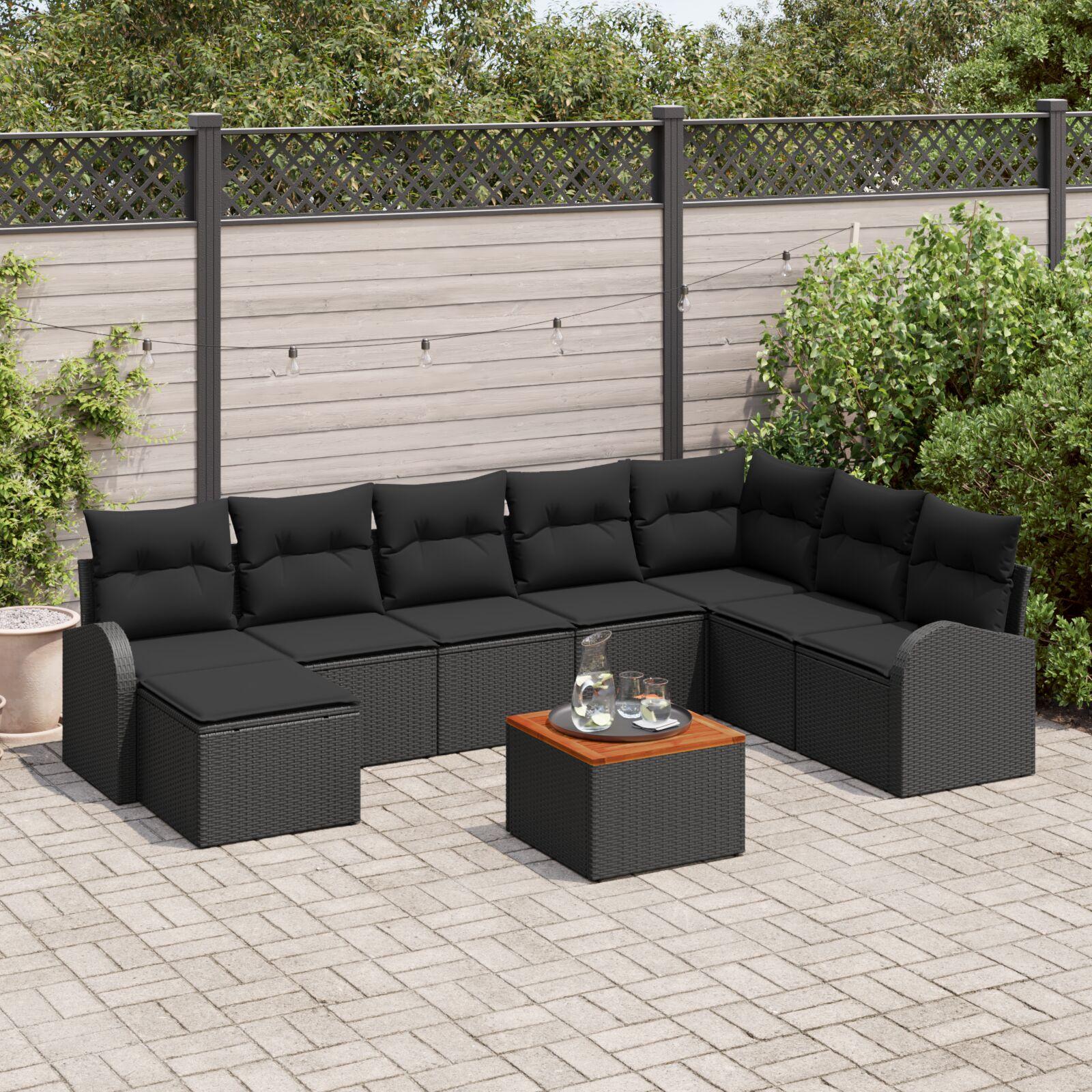 Havesofa Sæt med pude 9 stk Sort Poly rattan