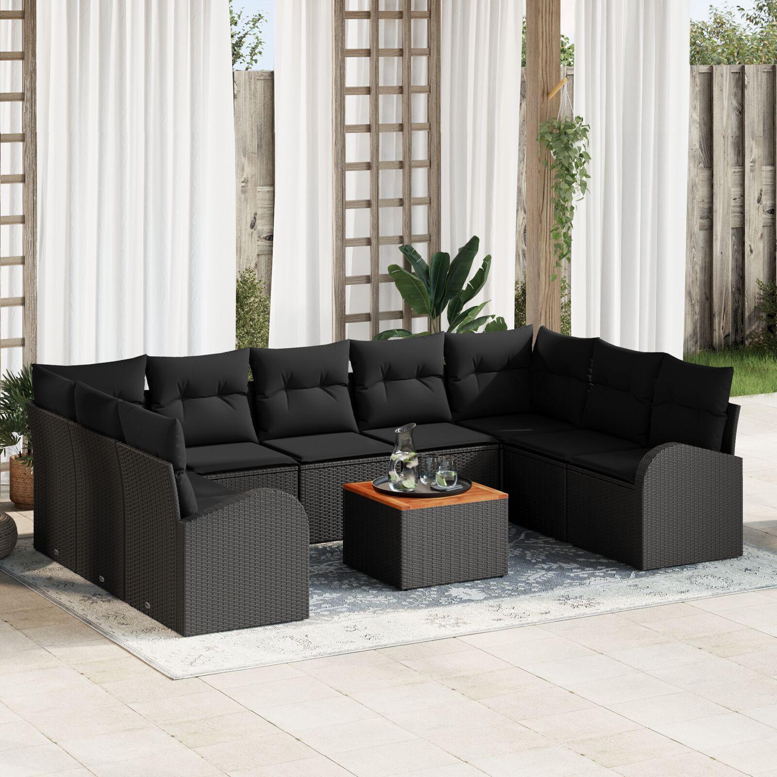 Havesofa sæt med puder 10 stk sort polyrattan