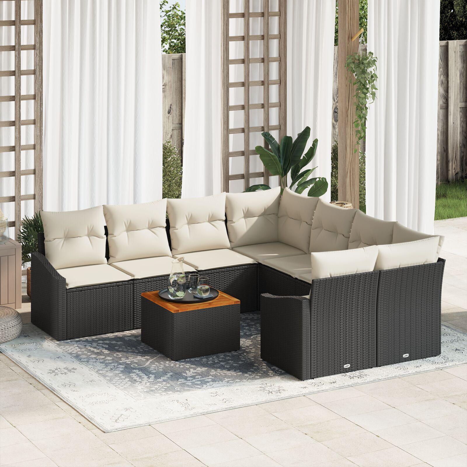 Havesofa sæt i sort polyrattan - modulært loungehjørne med puder, 9 dele