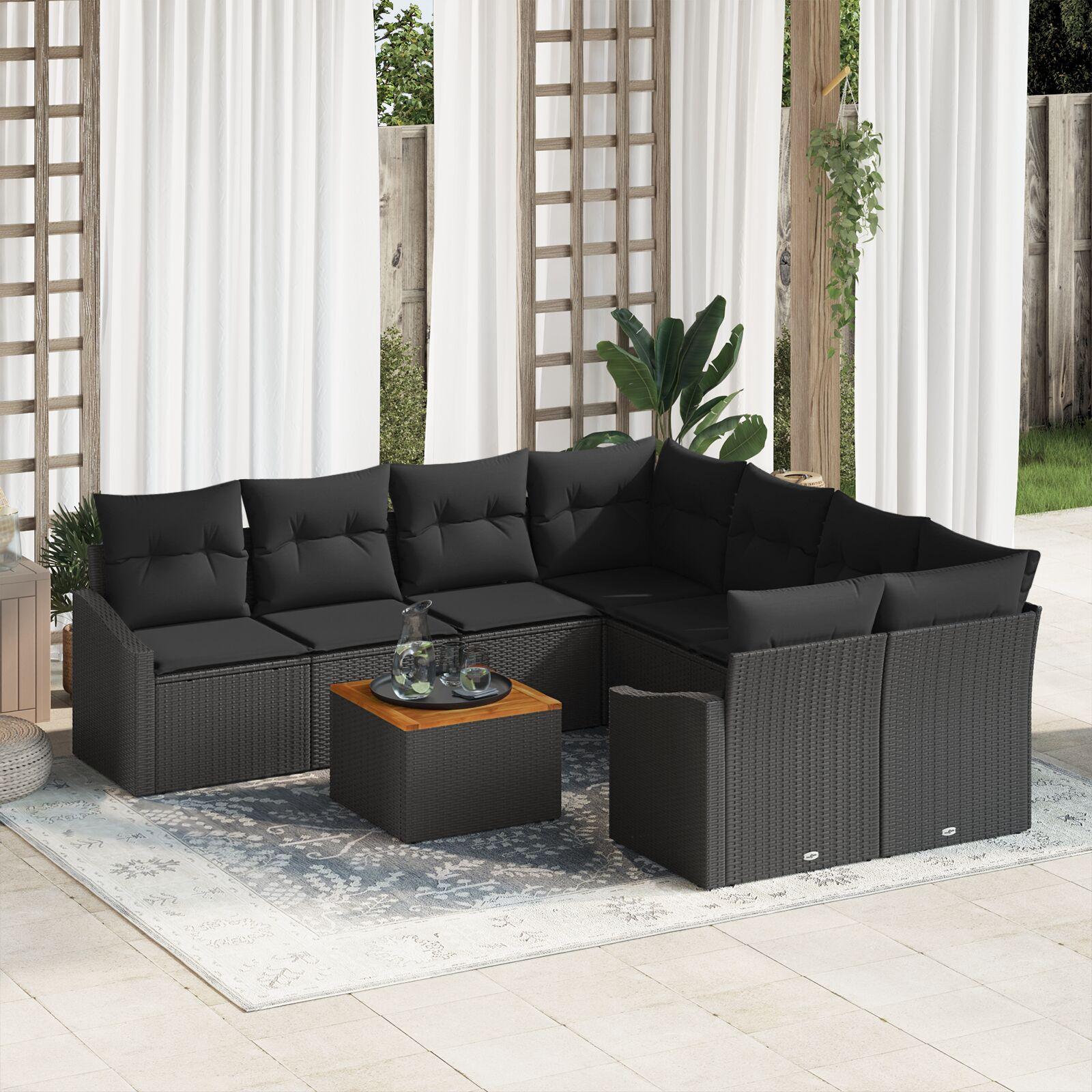 Havesofa sæt i sort polyrattan - modulært loungesæt med puder, 9 dele