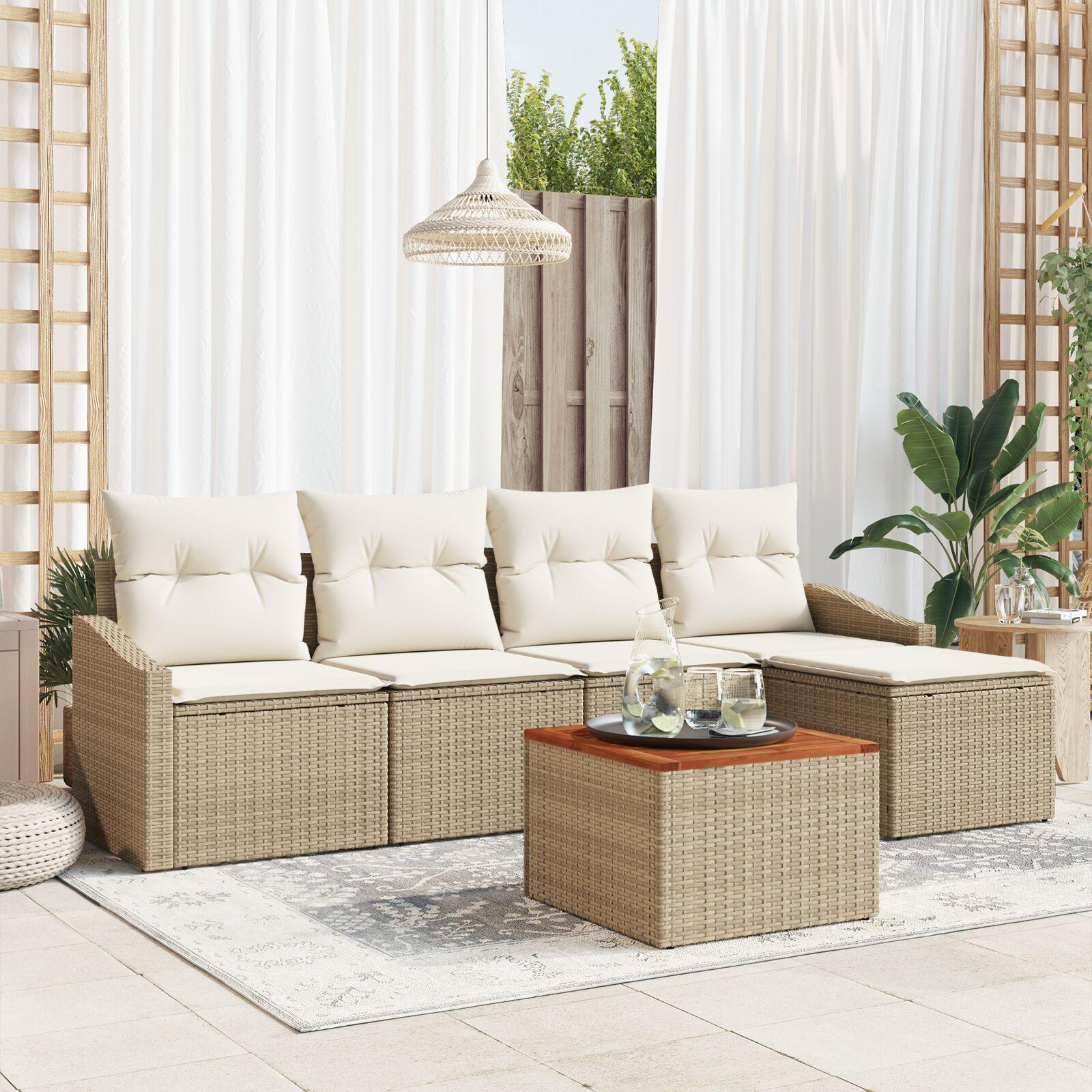 Havesofa sæt 6 dele med puder i beige polyrattan