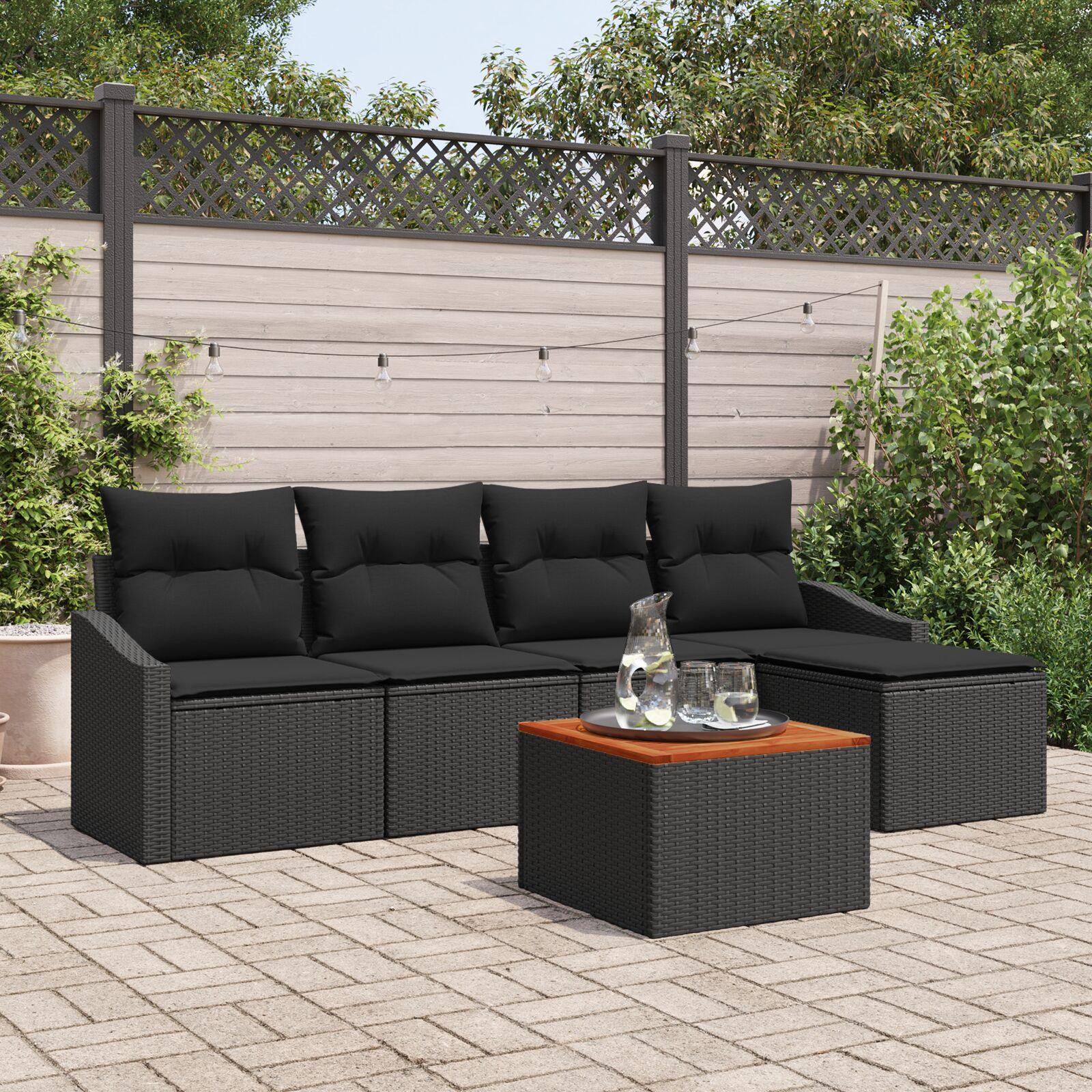 Havesofa sæt med puder 6 dele i sort polyrattan