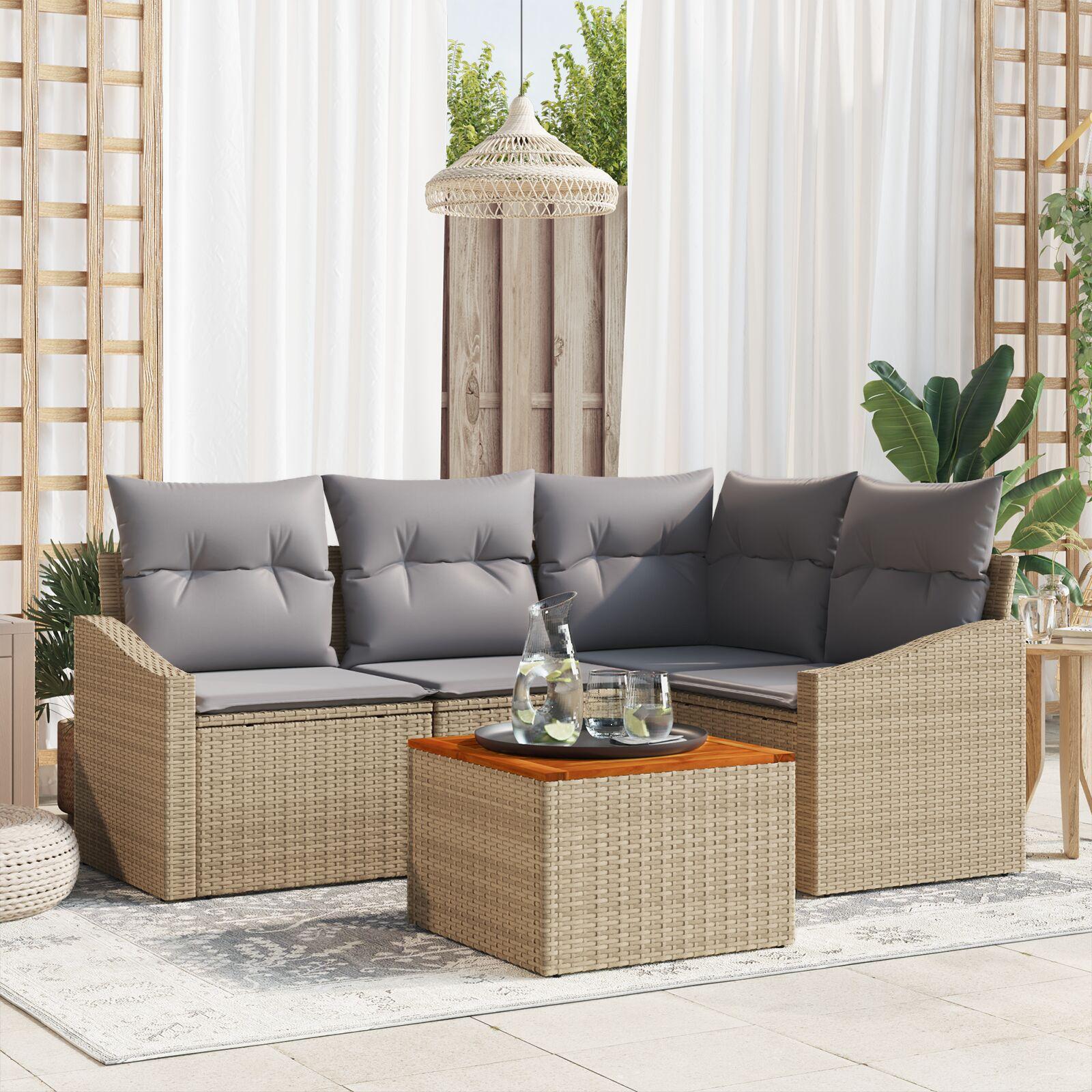 Havesofa Sæt med pude 5 stk Beige Poly rattan