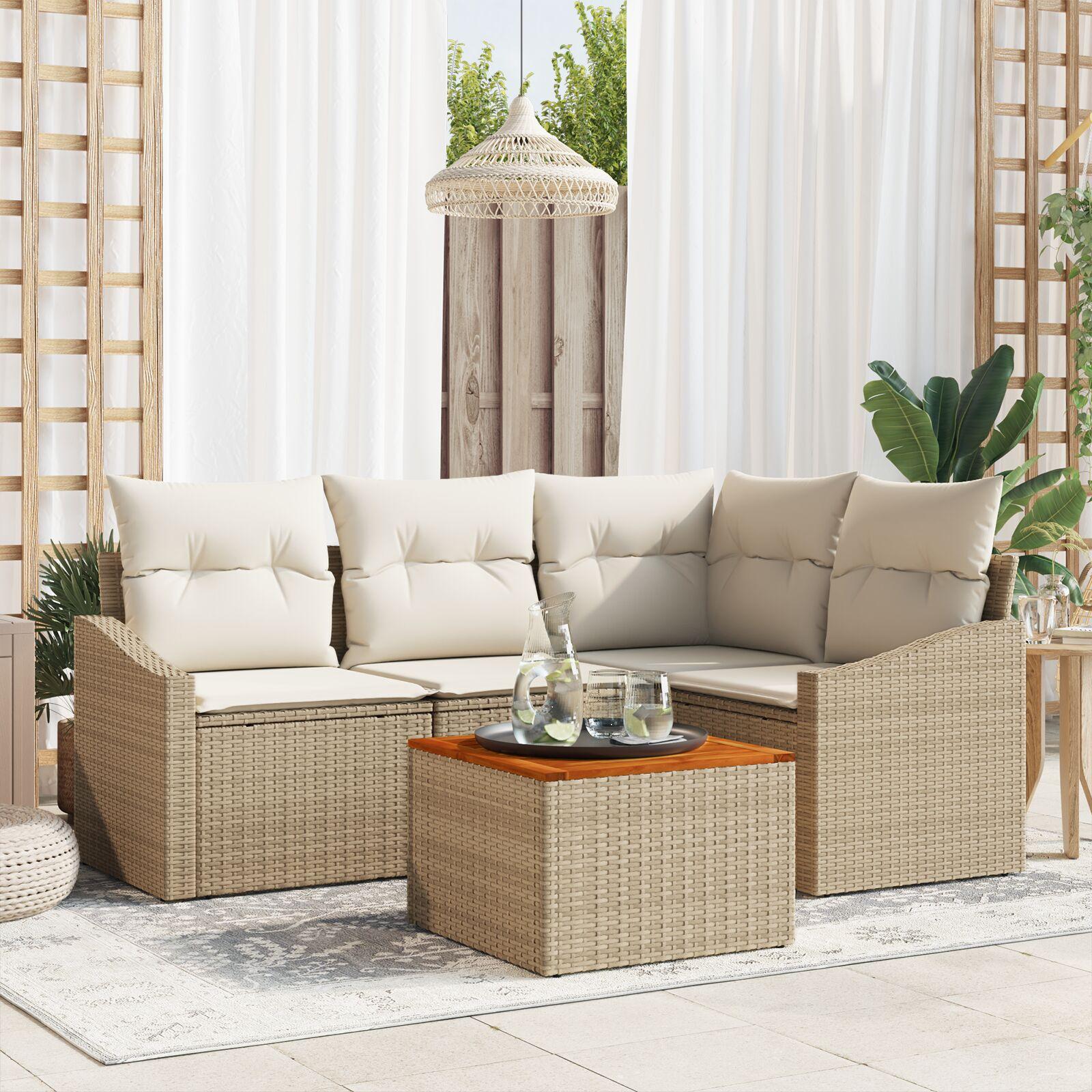 Havesofa sæt med puder 5 dele i beige polyrattan