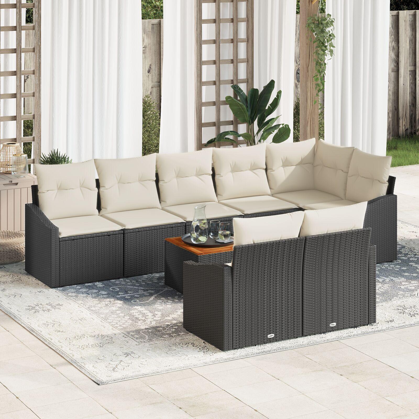 Modulært havesofa-sæt i sort polyrattan med puder - 9 dele