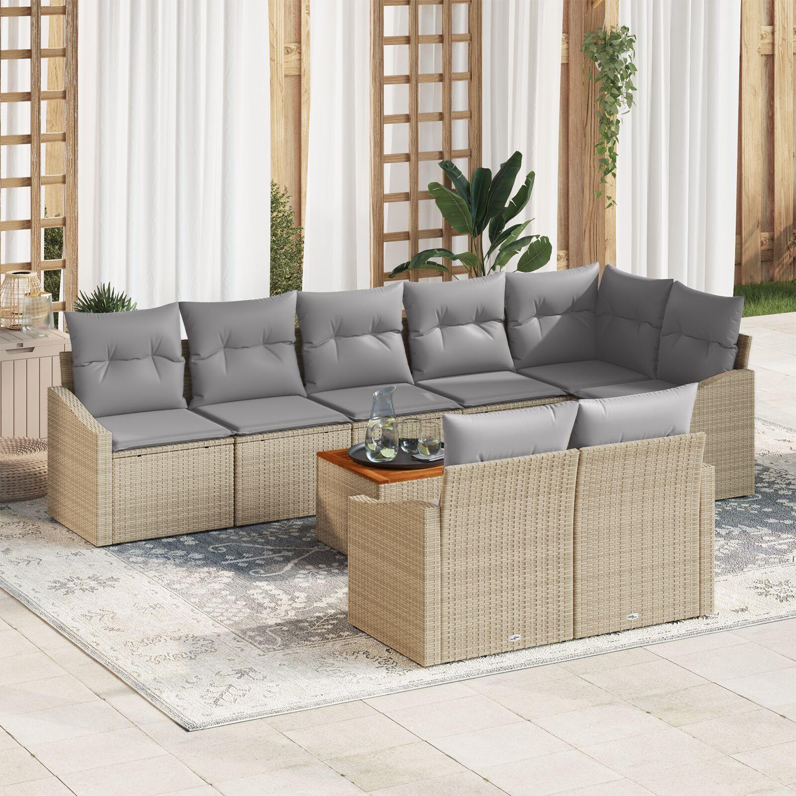 Havesofa sæt i beige polyrattan - modulært loungesæt med puder, 9 dele