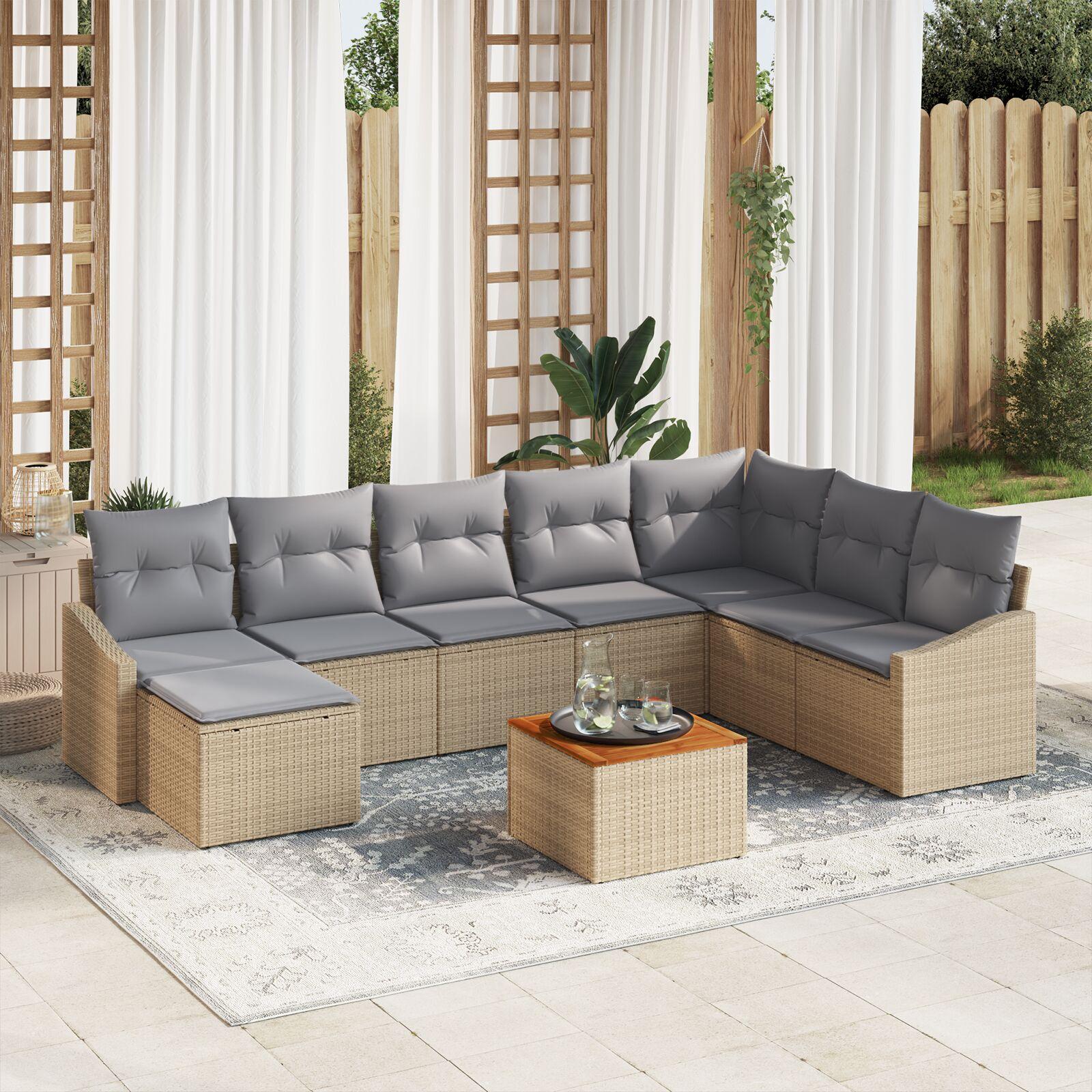 Havesofa sæt med puder 9 dele i beige polyrattan