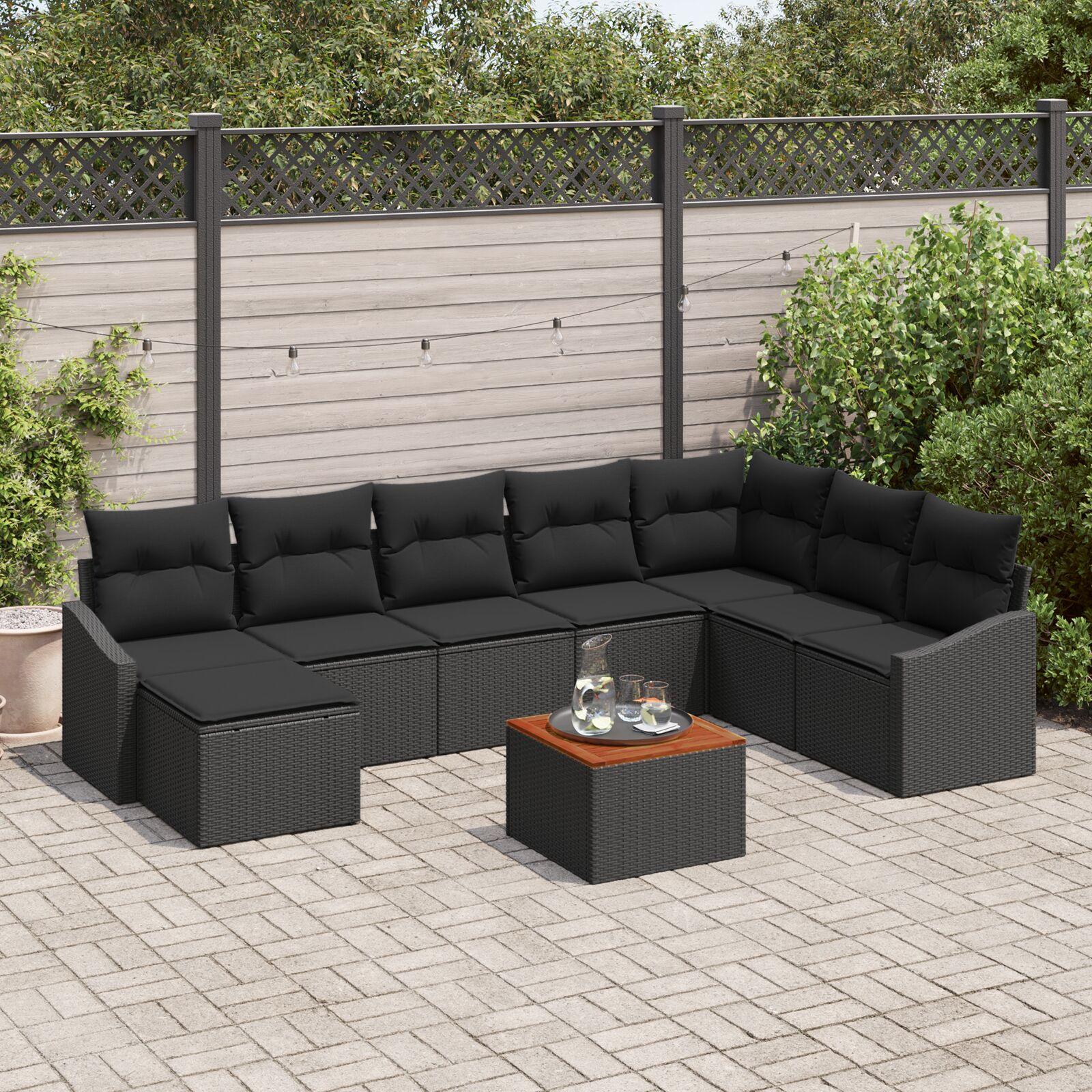 Modulært havesofa-sæt i sort polyrattan - 9 dele med hynder og bord