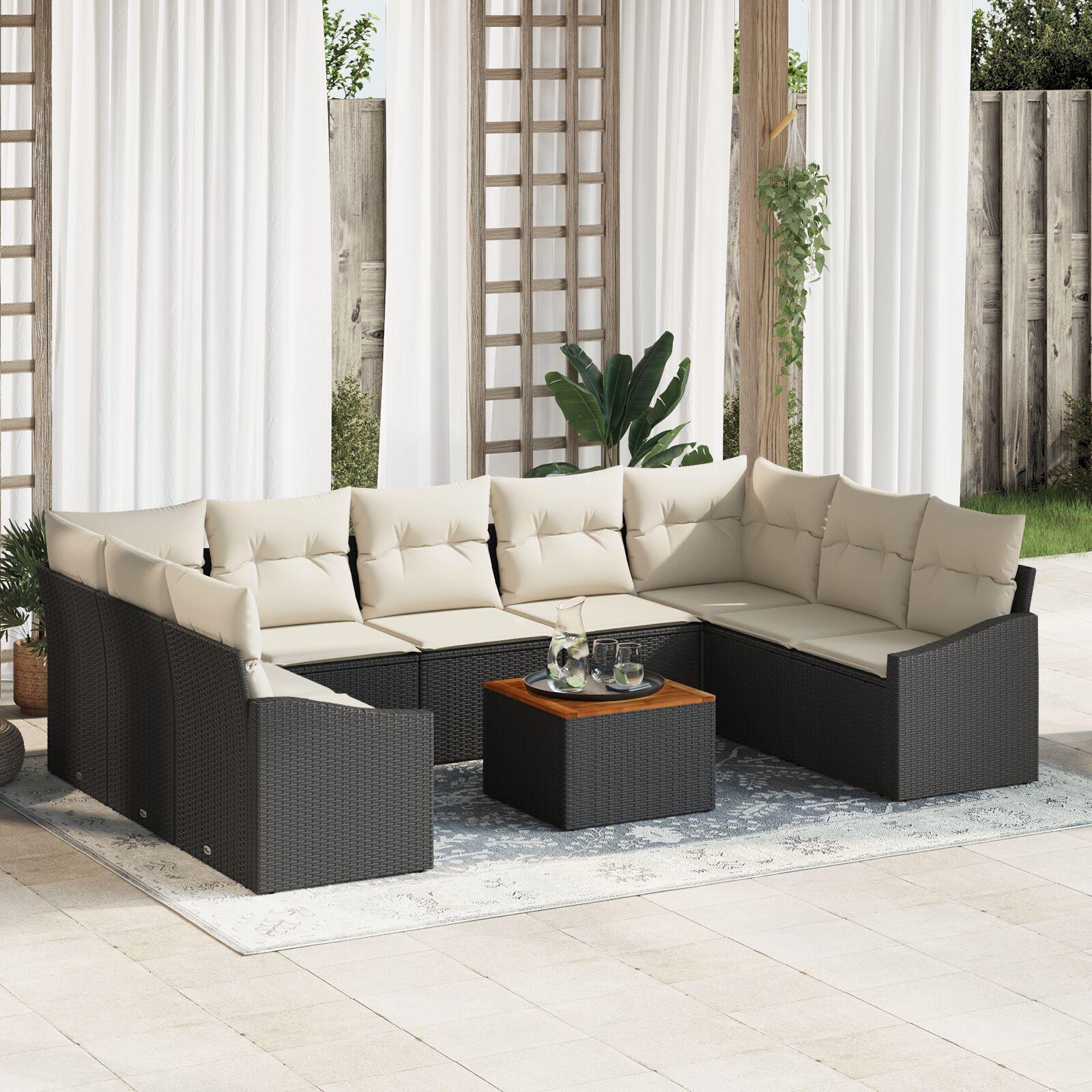 10 Stykker Have Sofa Set Med Puder Sort Poly Rattan Akacietræ