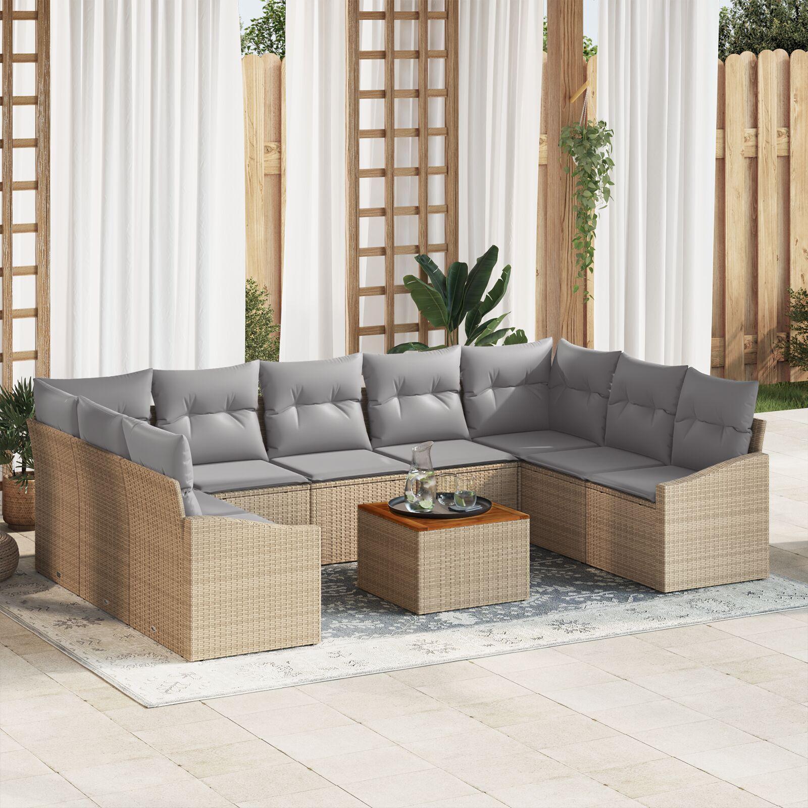 Havesofa Sæt med pude 10 stk Beige Poly rattan