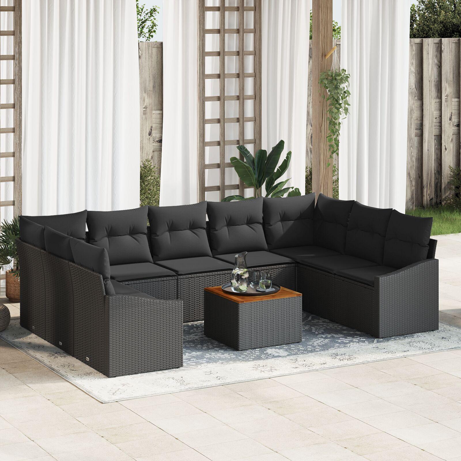 Havesofa sæt med puder 10 stk i sort polyrattan