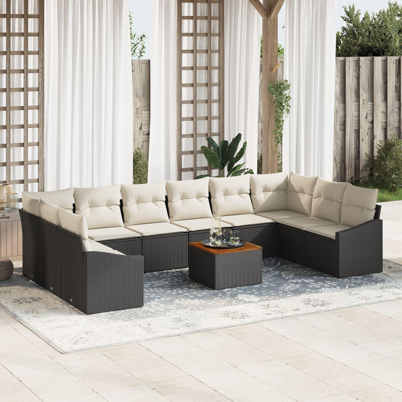 Havesofa Sæt med pude 11 stk Sort Poly rattan