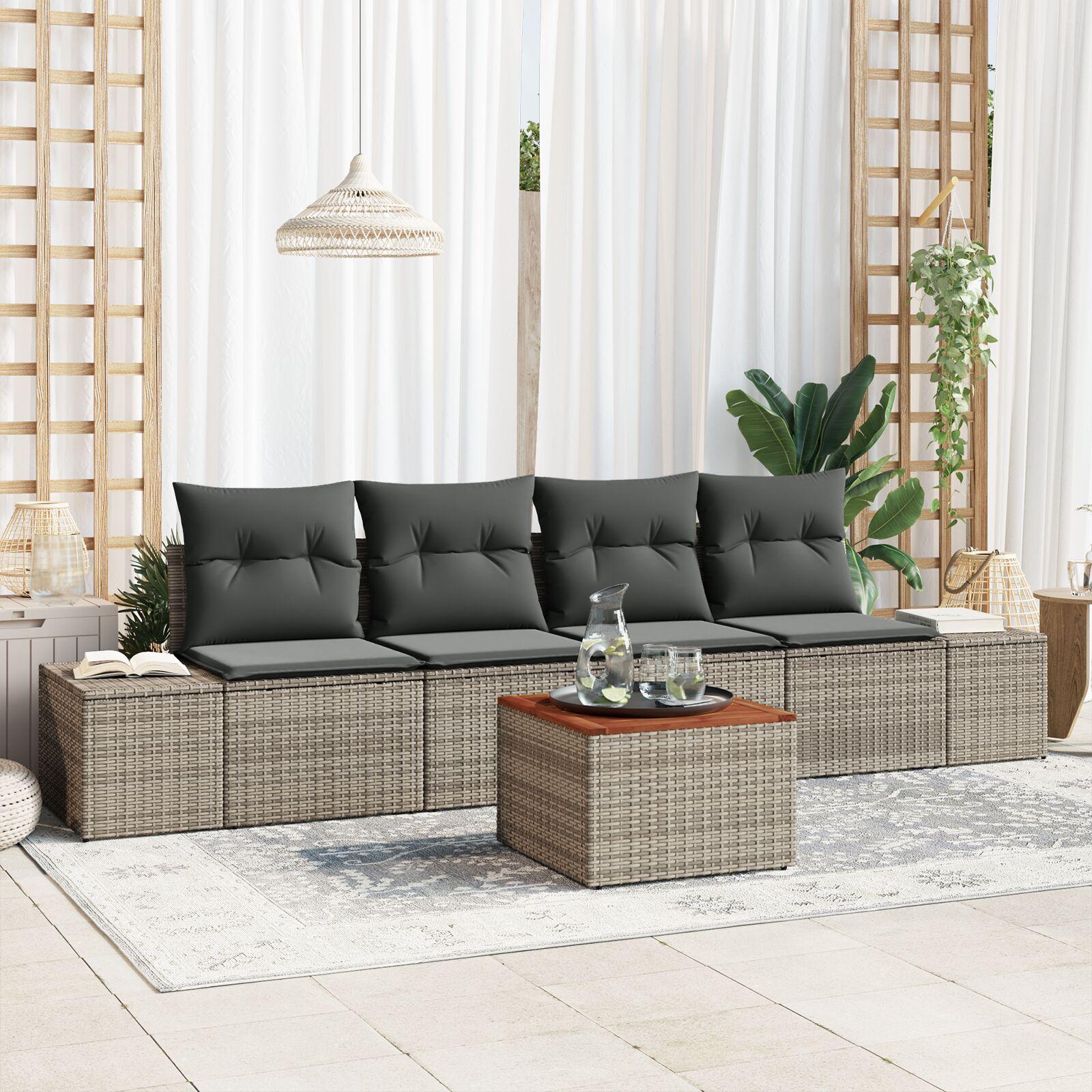 Havesofa Sæt med pude 5 stk Grå Poly rattan