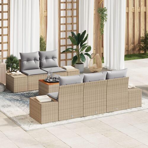 6 Stykker Have Sofa Sæt Med Puder Beige Poly Rattan Akacie