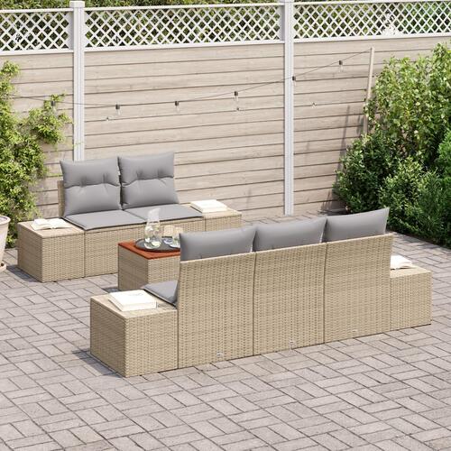 6 Stykker Have Sofa Sæt Med Puder Beige Poly Rattan Akacie