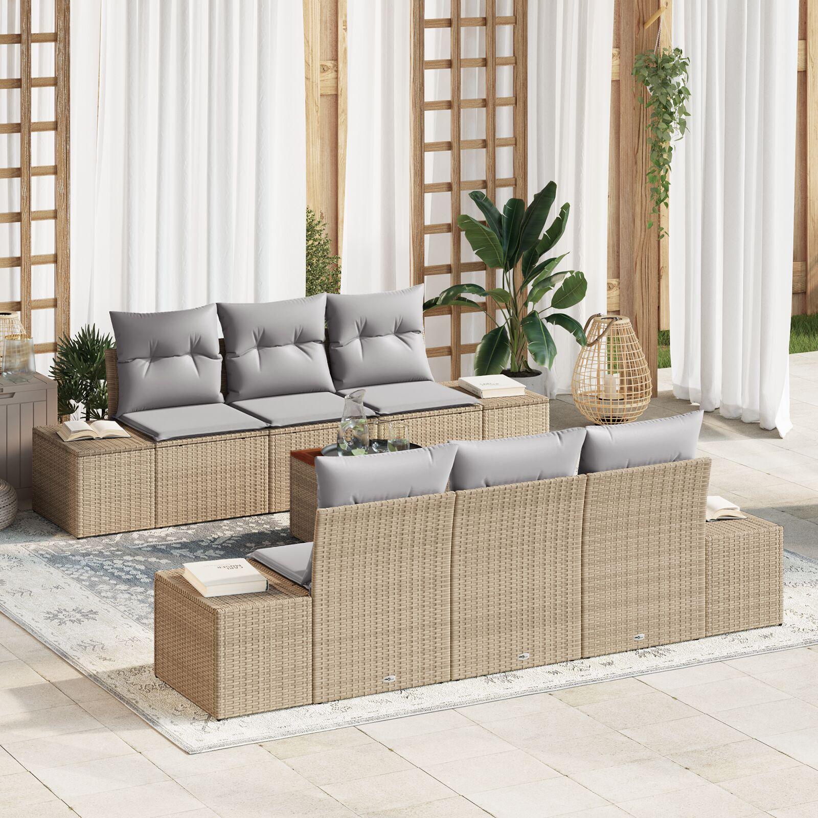 Havesofa sæt i beige polyrattan - 7 dele, modulært loungesæt til 6 personer